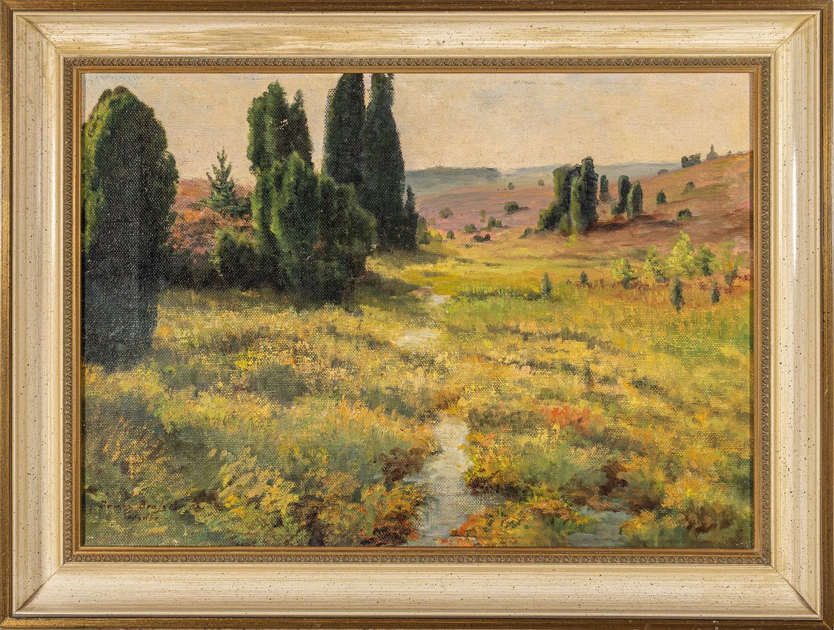 Detail k: James Brass, 1856 Magdeburg-1949, lebte u.a. in Belgien, hier: Heidelandschaft mit Baumgruppen, Öl/Malkarton, links unten signiert, ca. 35x50cm, R. ...