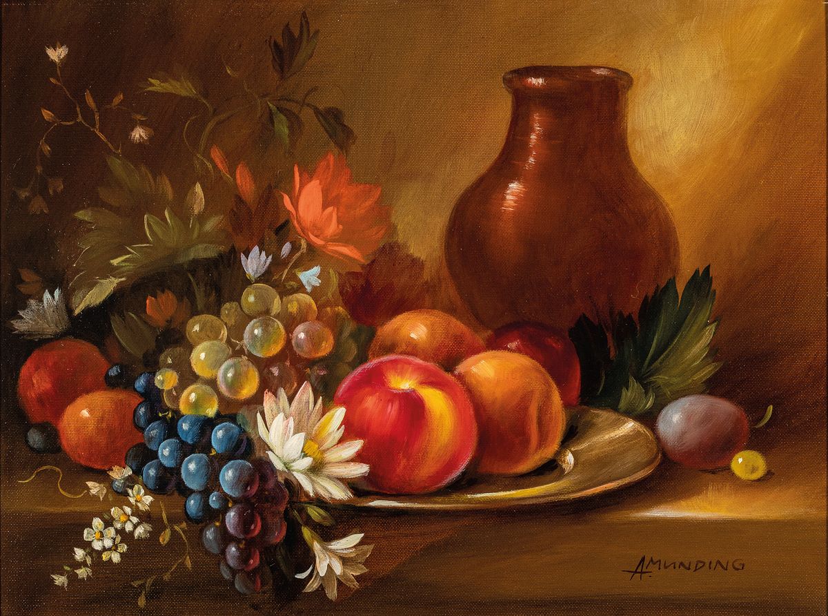 Arthur Munding, geb. 1922 Bräunlingen, Studium bei Hornung und Rupfl in Lahr, Traditionalist, Stillleben mit Krug und Obst, Öl/Lwd, rechts unten ...