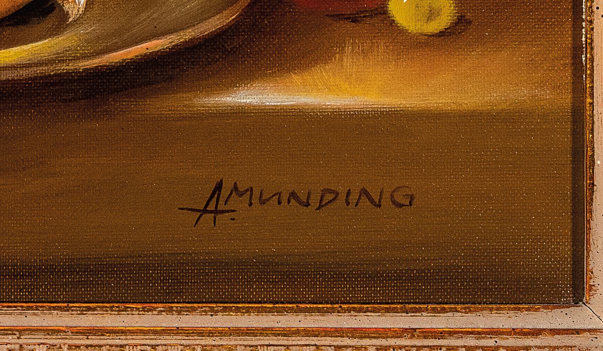 Detail a: Arthur Munding, geb. 1922 Bräunlingen, Studium bei Hornung und Rupfl in Lahr, Traditionalist, Stillleben mit Krug und Obst, Öl/Lwd, rechts unten ...