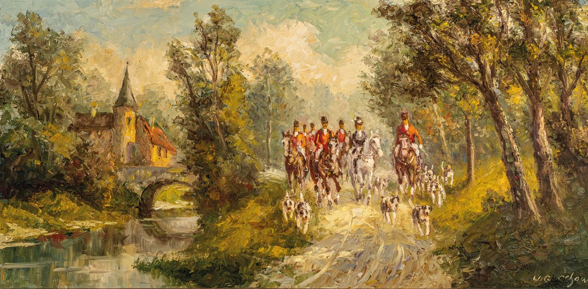 Wladimir Grechow, eb. 1917, Parforcejagd, Öl/Lwd, rechts unten signiert, ca. 50x100cm, R. ca. 64x114cm