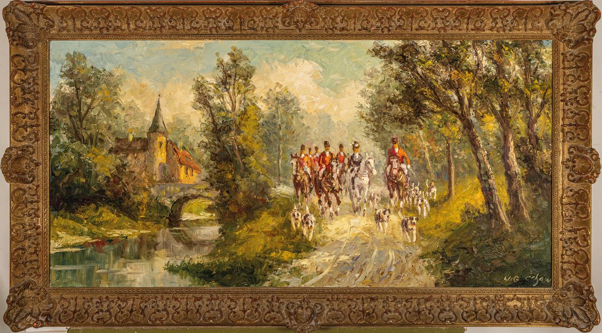 Detail k: Wladimir Grechow, eb. 1917, Parforcejagd, Öl/Lwd, rechts unten signiert, ca. 50x100cm, R. ca. 64x114cm