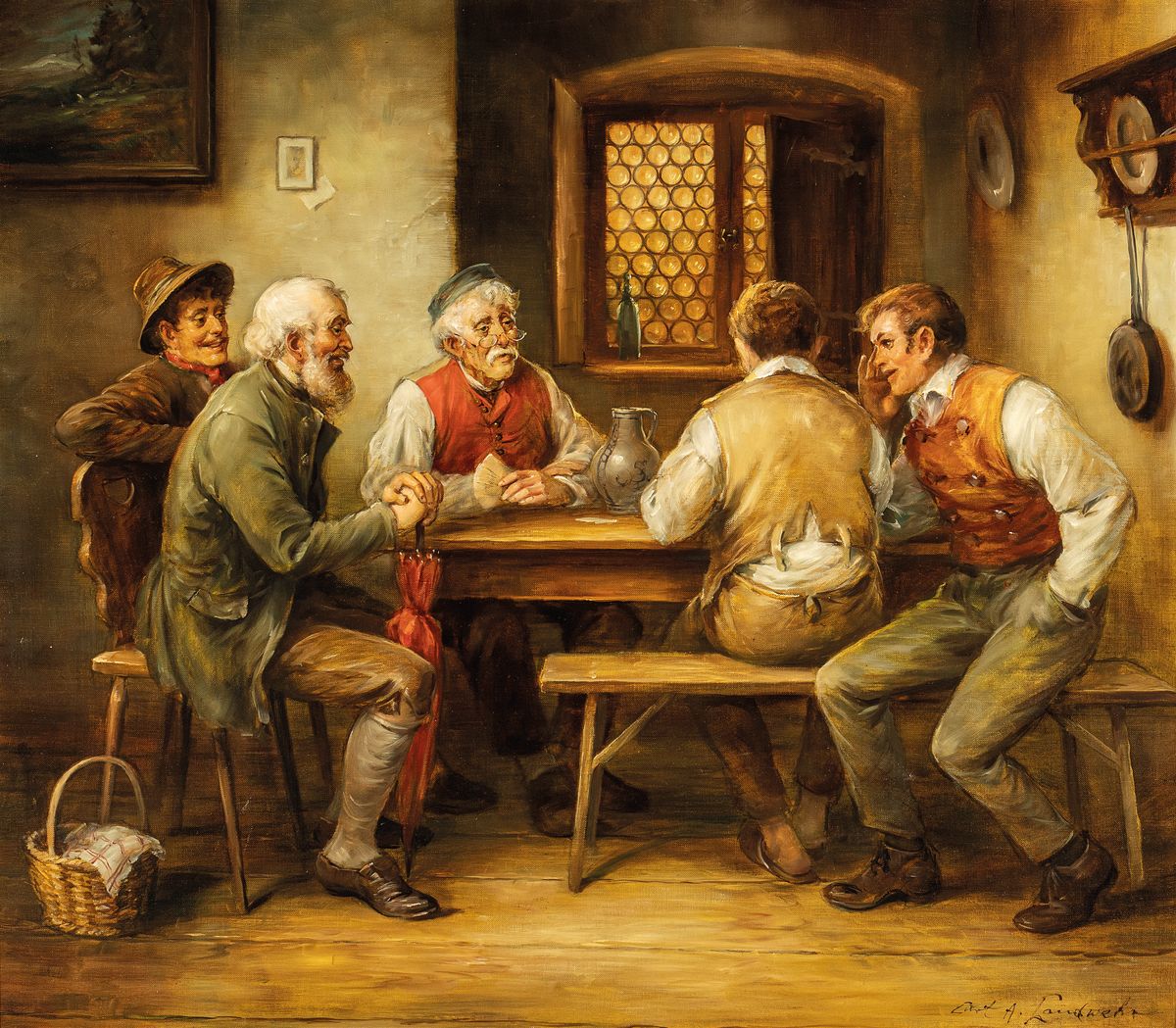 Curt A. Landwehr, 1920 - 1988, Ausbildung am Dörner Institut und an der Akademie München, hier drei Männer im Wirtshaus, Öl/Lwd, signiert, ca. 70 ...