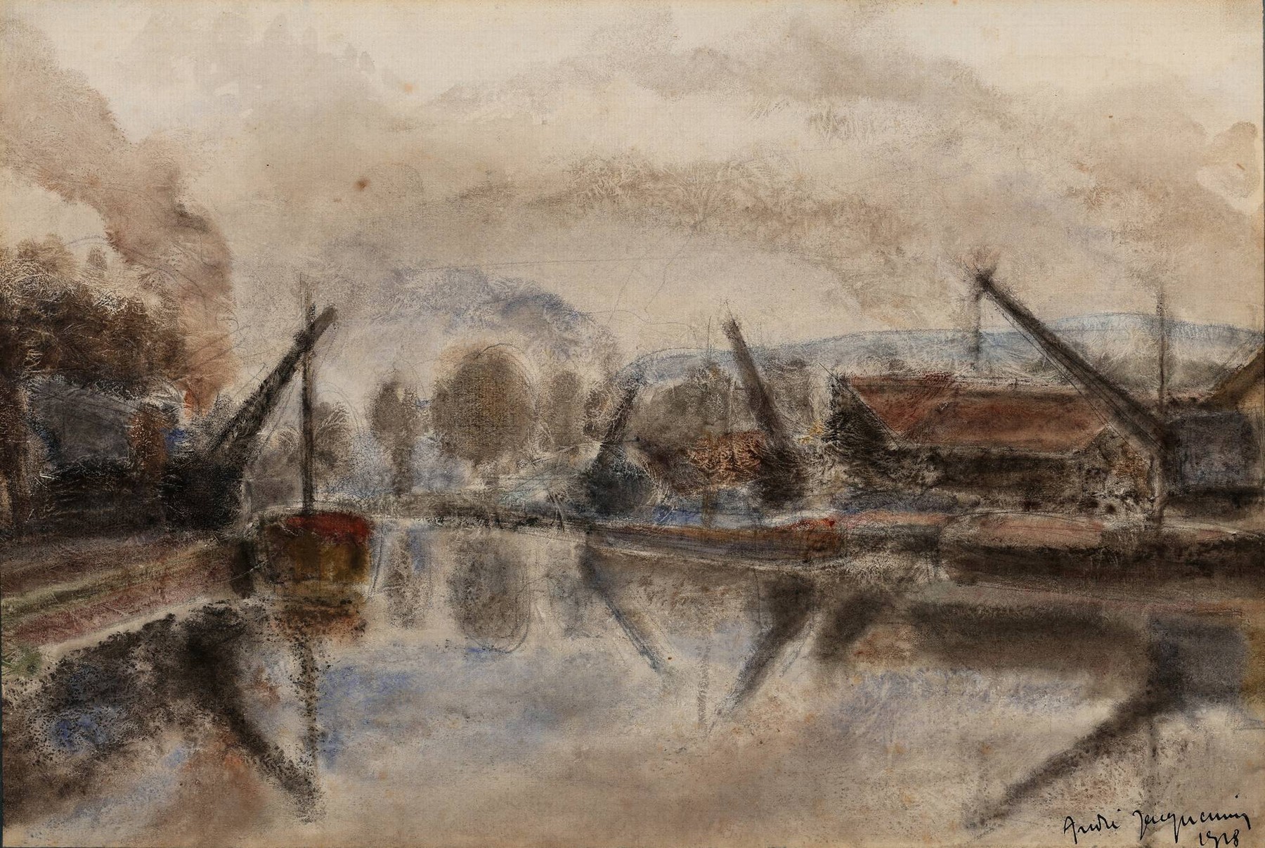 Ungedeuteter Künstler des 20.Jh., Hafeneinfahrt mit den sich spiegelnden Kranauslegern, Pastell, rechts unten unleserlich signiert u. datiert 1918, ...