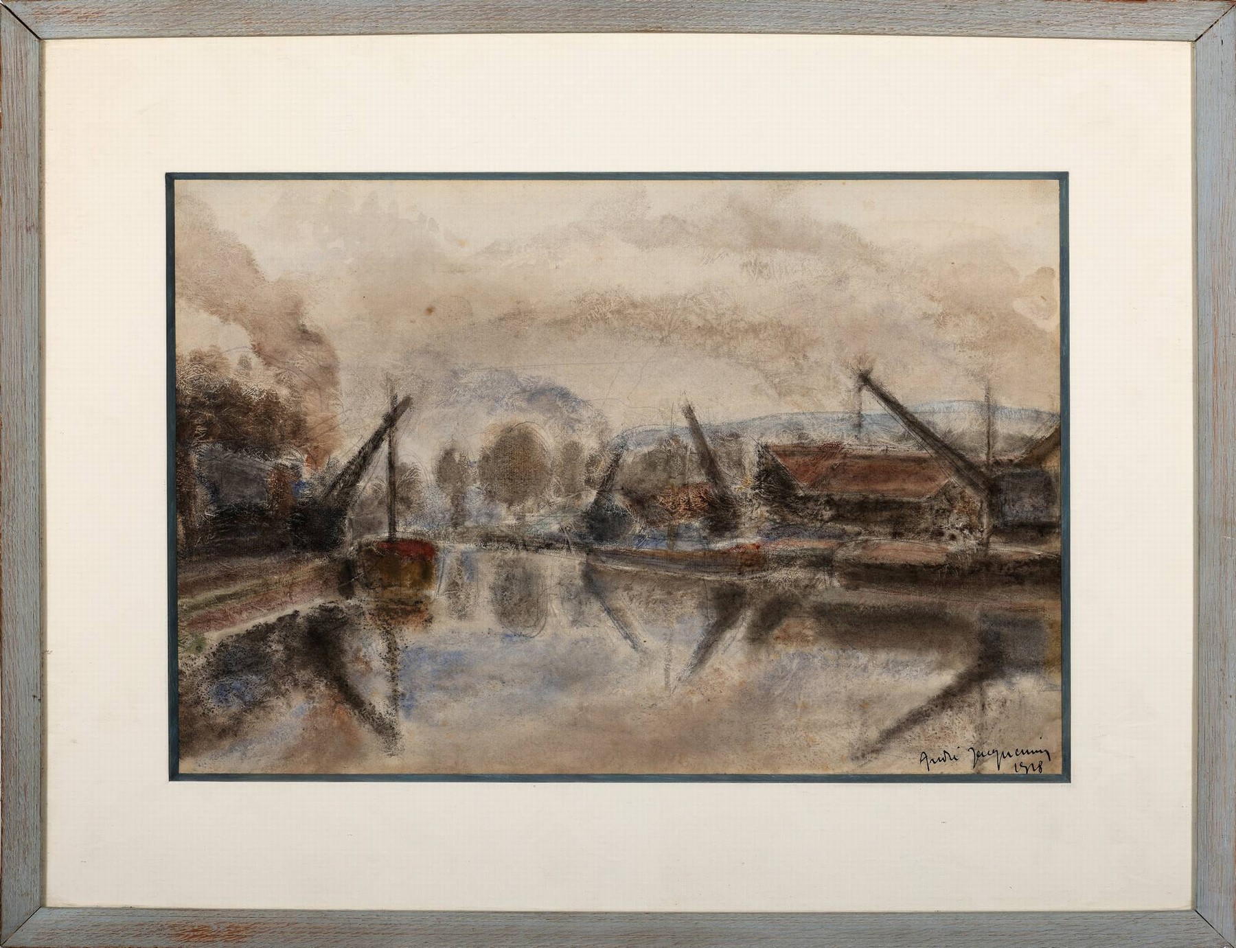 Detail k: Ungedeuteter Künstler des 20.Jh., Hafeneinfahrt mit den sich spiegelnden Kranauslegern, Pastell, rechts unten unleserlich signiert u. datiert 1918, ...