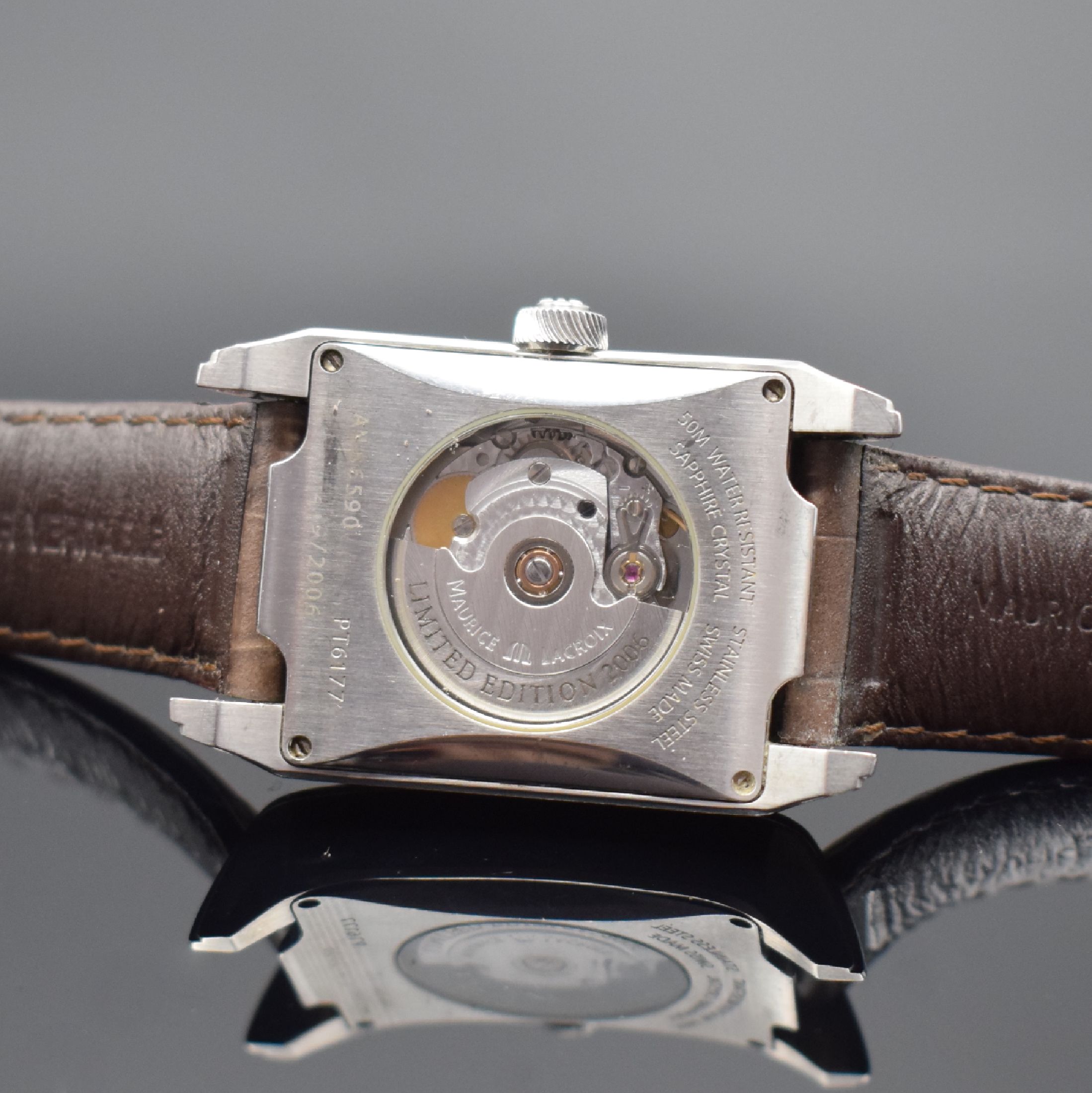 Detail d: MAURICE LACROIX Pontos limitierte Herrenarmbanduhr Referenz PT6177, Schweiz um 2010, Automatik, 2-teil. Gehäuse in Edelstahl, Boden 4-fach verschr., ...