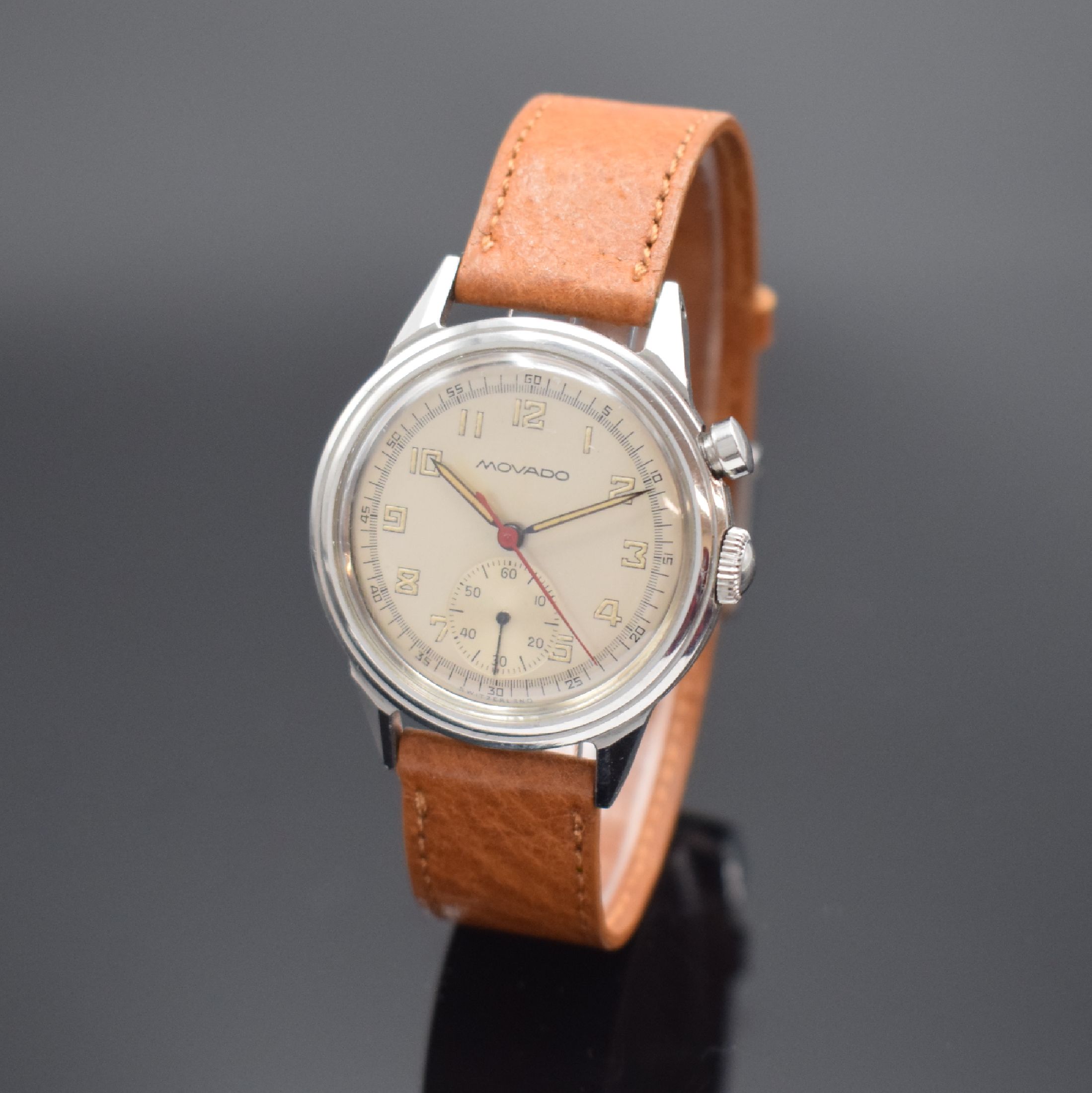 MOVADO Chronostop seltener Armbandchronograph in Stahl, Schweiz um 1945, Handaufzug, verschr. Borgel-Gehäuse, silb. Zifferbl. m. Radium-Schatten, ...