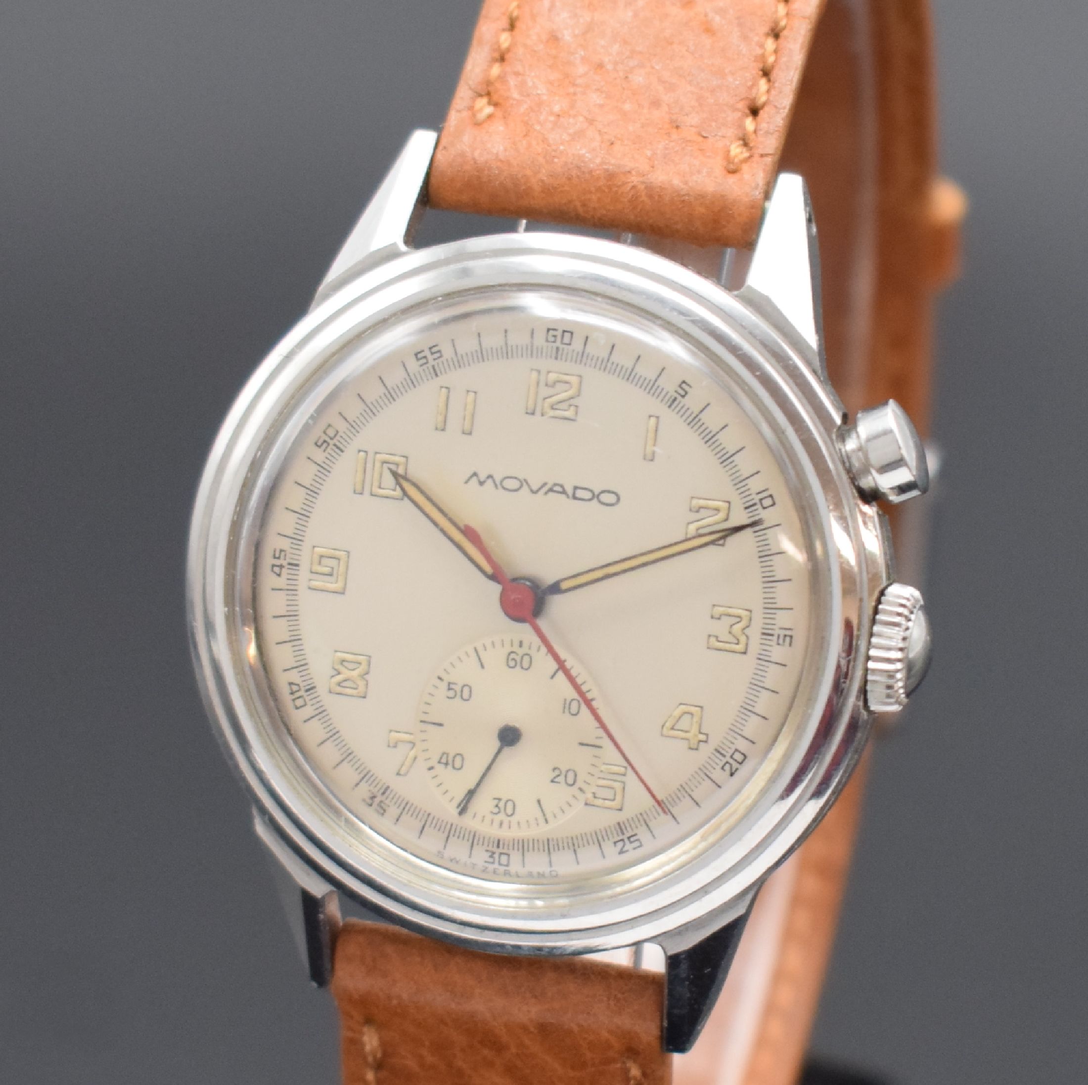Detail a: MOVADO Chronostop seltener Armbandchronograph in Stahl, Schweiz um 1945, Handaufzug, verschr. Borgel-Gehäuse, silb. Zifferbl. m. Radium-Schatten, ...