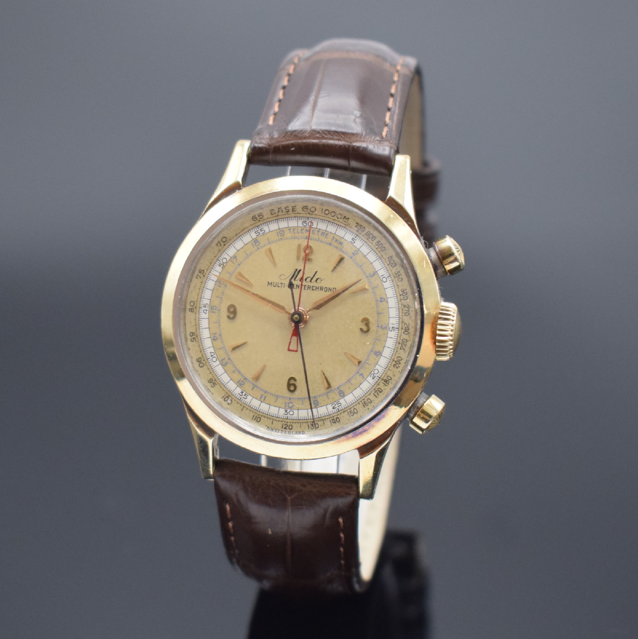 MIDO Multi-Centerchrono seltener Armbandchronograph in Stahl/Gold, Schweiz um 1950, Handaufzug, verschr. Geh. m. starker Goldhaube, orig. Krone & ...