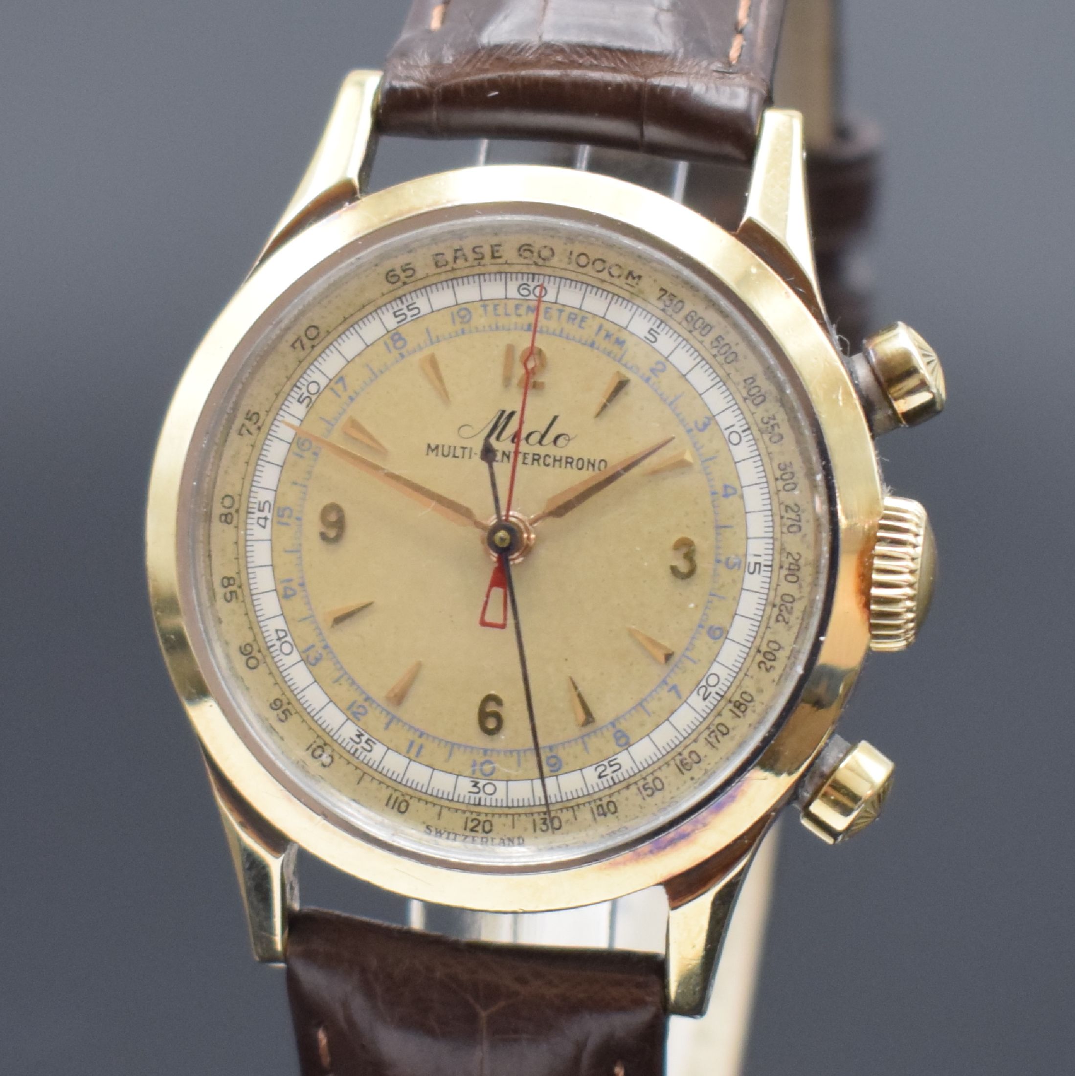 Detail a: MIDO Multi-Centerchrono seltener Armbandchronograph in Stahl/Gold, Schweiz um 1950, Handaufzug, verschr. Geh. m. starker Goldhaube, orig. Krone & ...