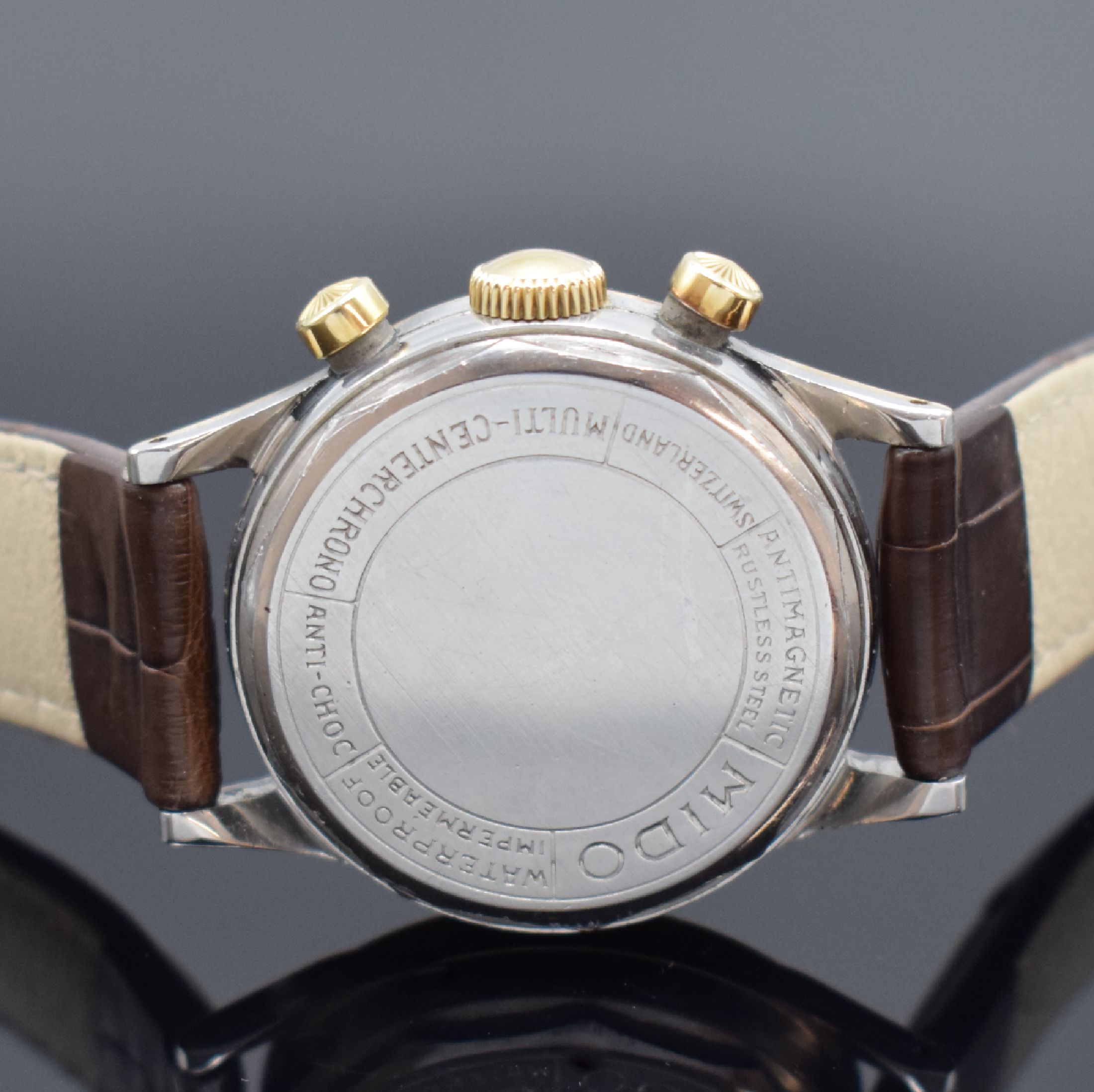 Detail c: MIDO Multi-Centerchrono seltener Armbandchronograph in Stahl/Gold, Schweiz um 1950, Handaufzug, verschr. Geh. m. starker Goldhaube, orig. Krone & ...
