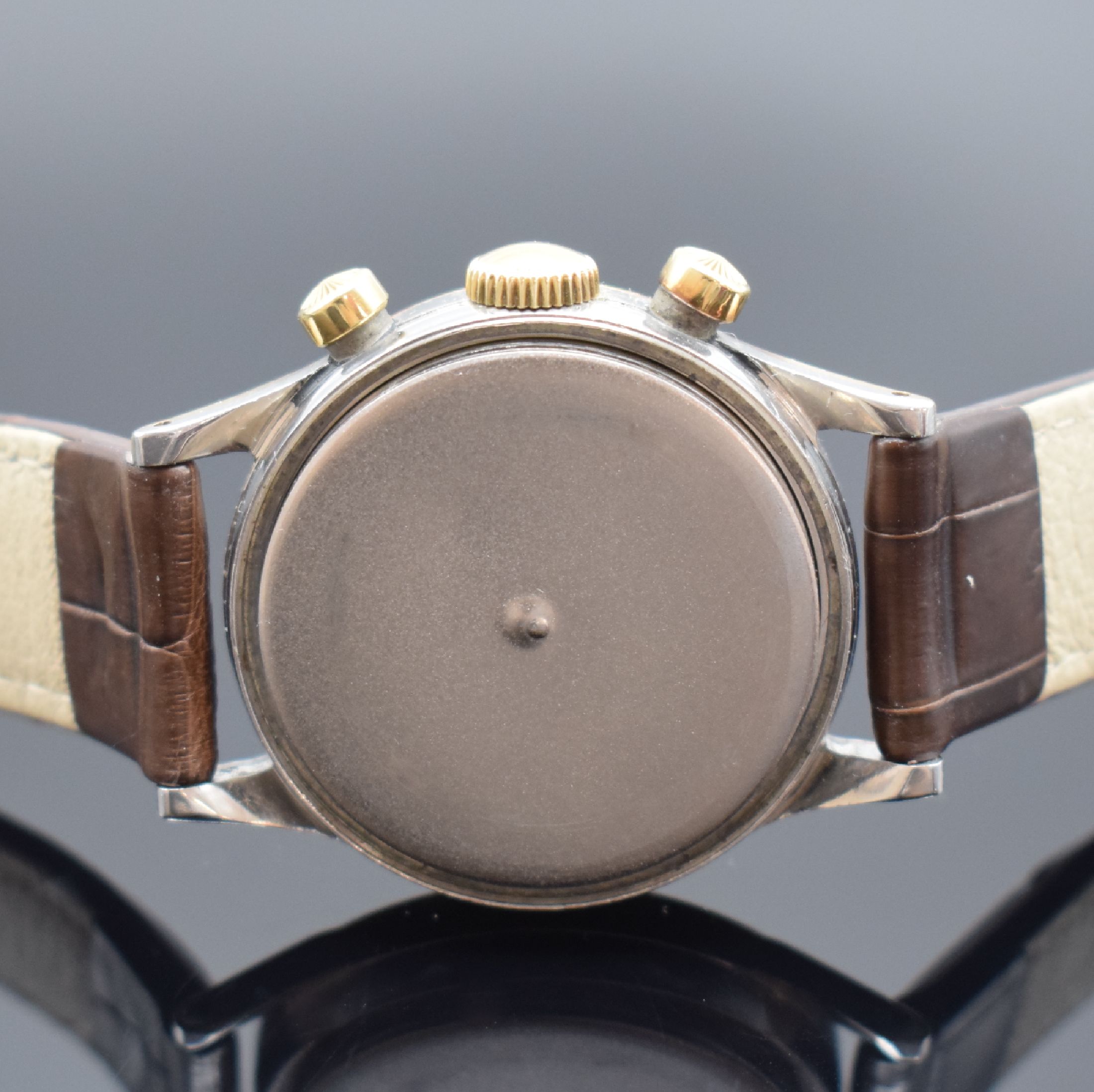 Detail d: MIDO Multi-Centerchrono seltener Armbandchronograph in Stahl/Gold, Schweiz um 1950, Handaufzug, verschr. Geh. m. starker Goldhaube, orig. Krone & ...