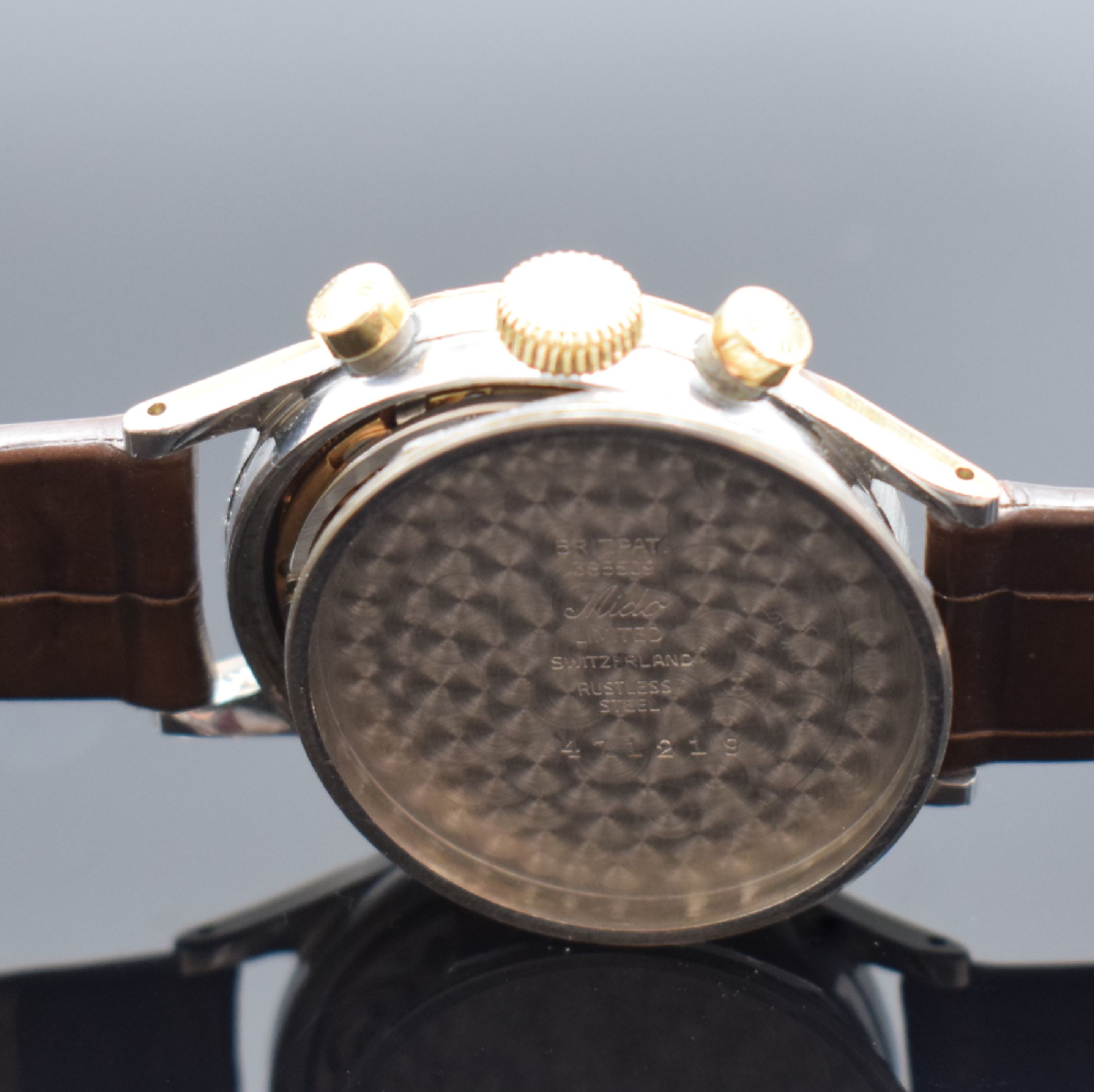 Detail f: MIDO Multi-Centerchrono seltener Armbandchronograph in Stahl/Gold, Schweiz um 1950, Handaufzug, verschr. Geh. m. starker Goldhaube, orig. Krone & ...