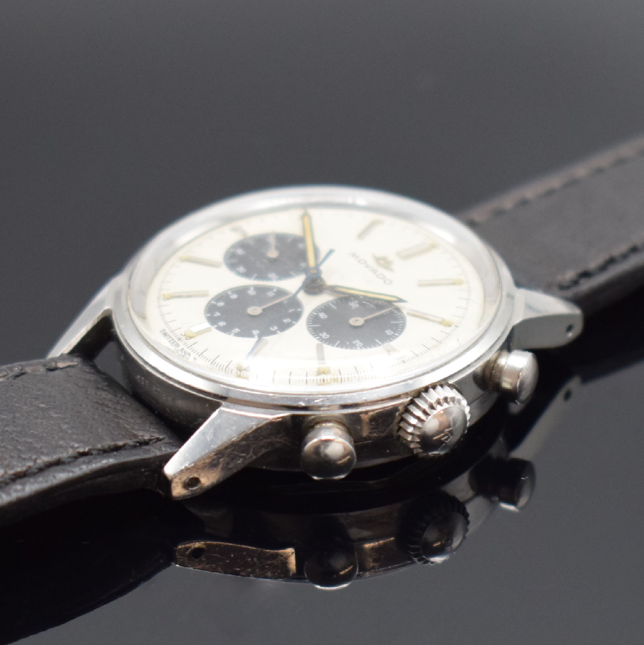 Detail b: MOVADO Sub-Sea seltener Armbandchronograph in Stahl Referenz 19068, Schweiz um 1960, Handaufzug, verschr. Borgel-Gehäuse, orig. Drücker & Krone, ...