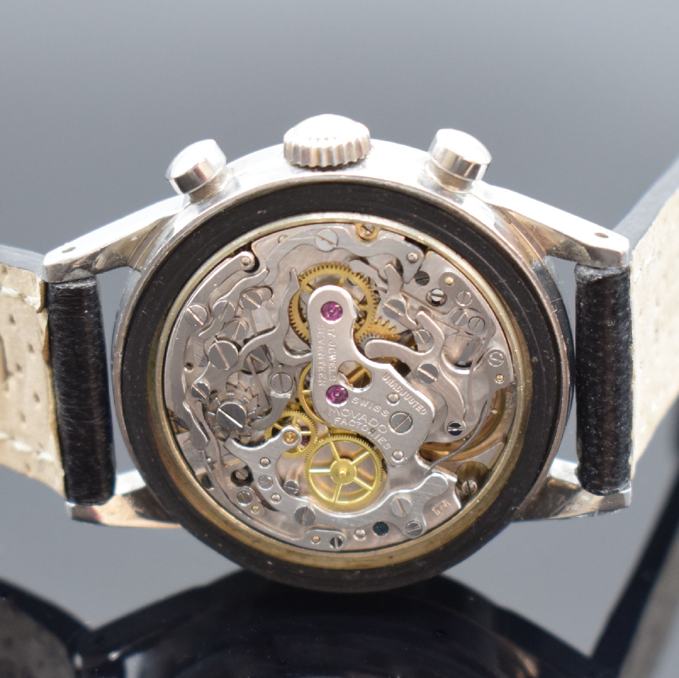 Detail e: MOVADO Sub-Sea seltener Armbandchronograph in Stahl Referenz 19068, Schweiz um 1960, Handaufzug, verschr. Borgel-Gehäuse, orig. Drücker & Krone, ...