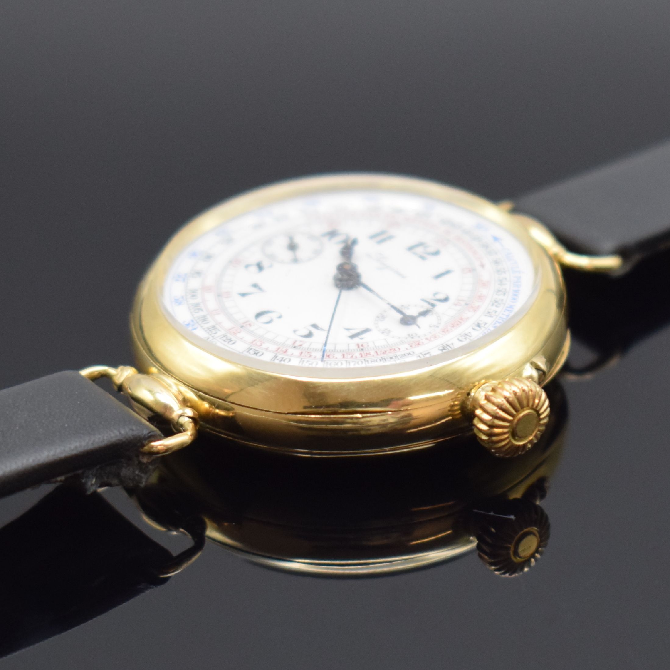 Detail a: LONGINES seltener früher Armbandchronograph Kaliber 13.33 in GG 750/000, Schweiz lt. Stammbuchauszug verk. Jan. 1918, Handaufzug, glattes ...