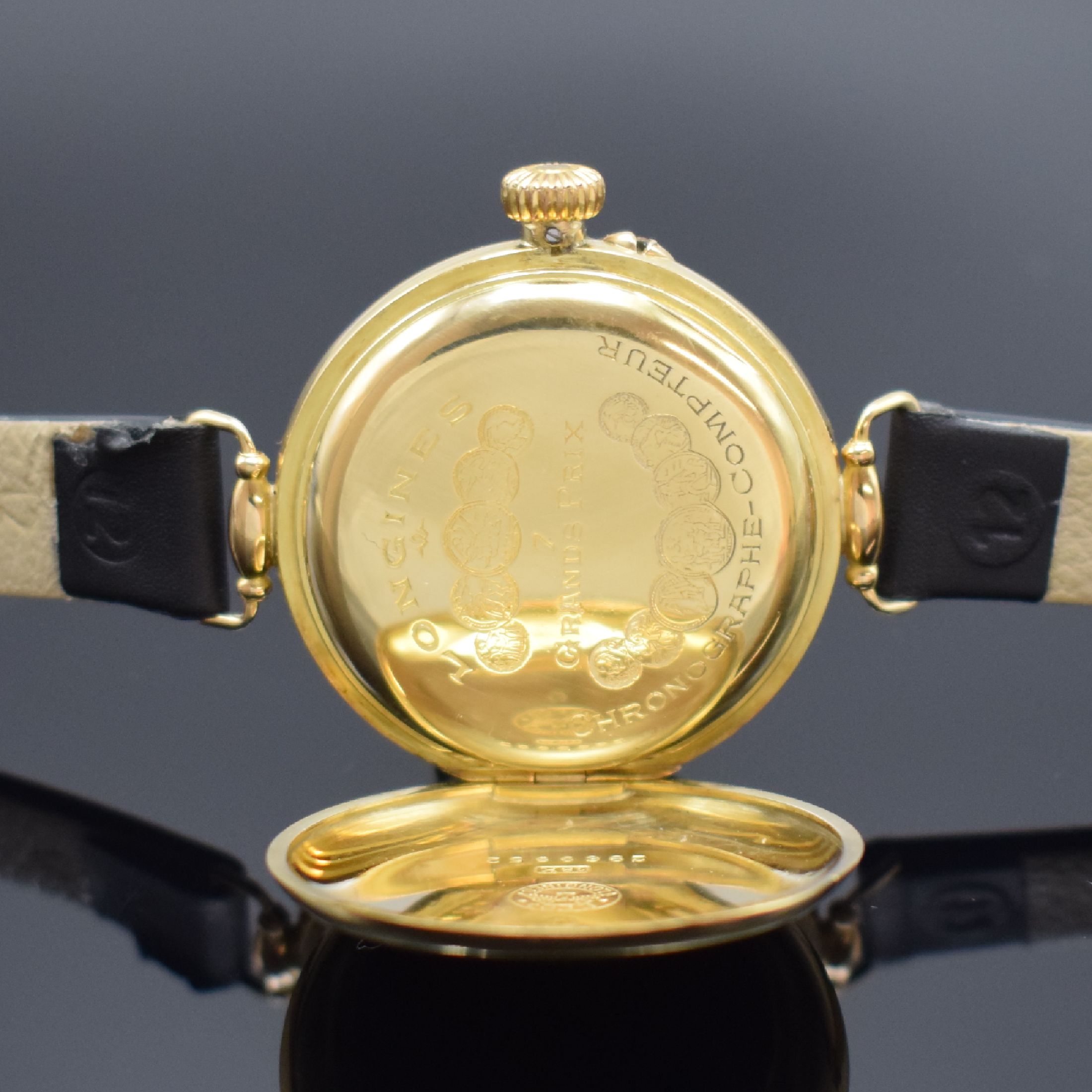 Detail d: LONGINES seltener früher Armbandchronograph Kaliber 13.33 in GG 750/000, Schweiz lt. Stammbuchauszug verk. Jan. 1918, Handaufzug, glattes ...