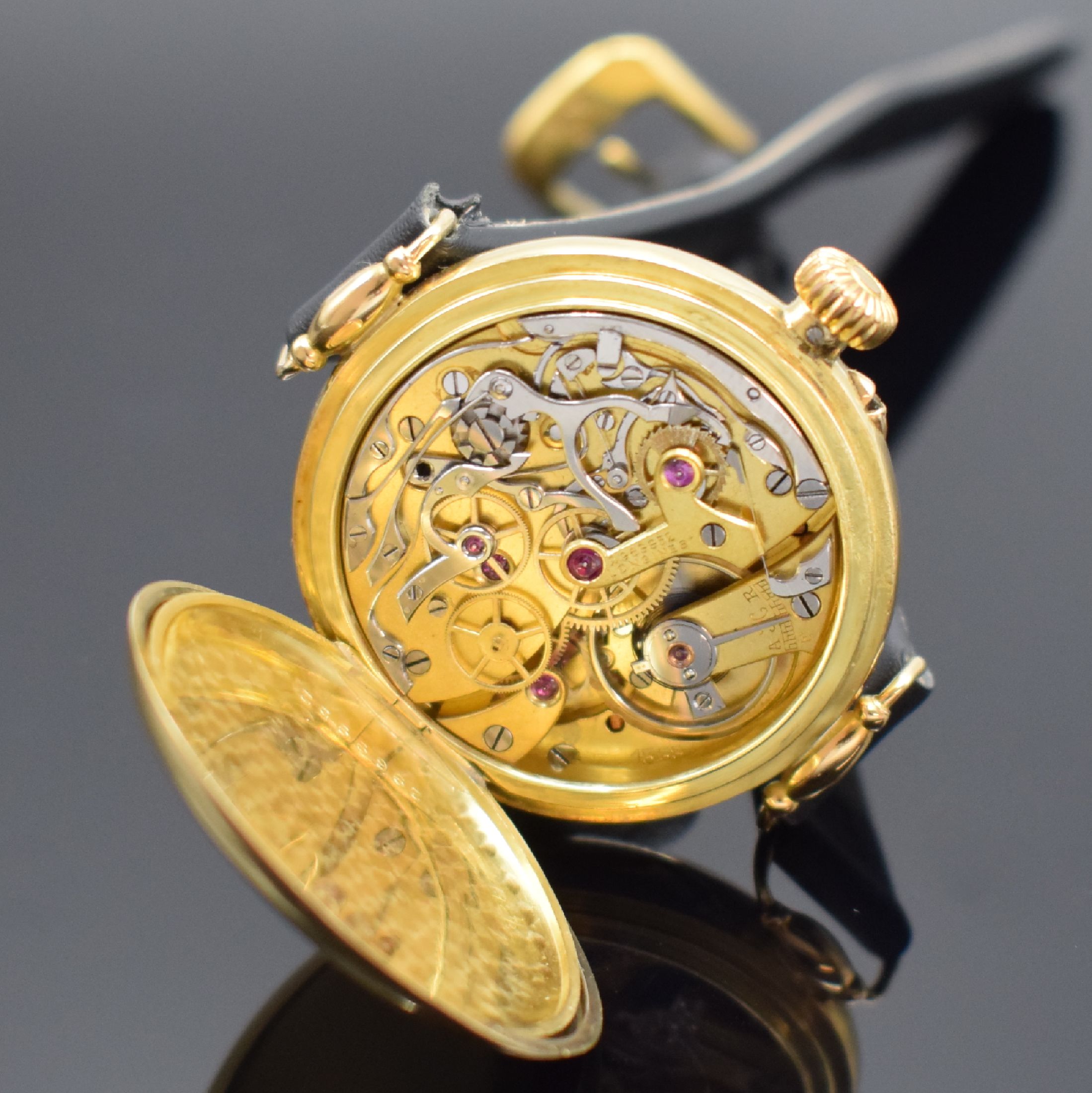 Detail f: LONGINES seltener früher Armbandchronograph Kaliber 13.33 in GG 750/000, Schweiz lt. Stammbuchauszug verk. Jan. 1918, Handaufzug, glattes ...