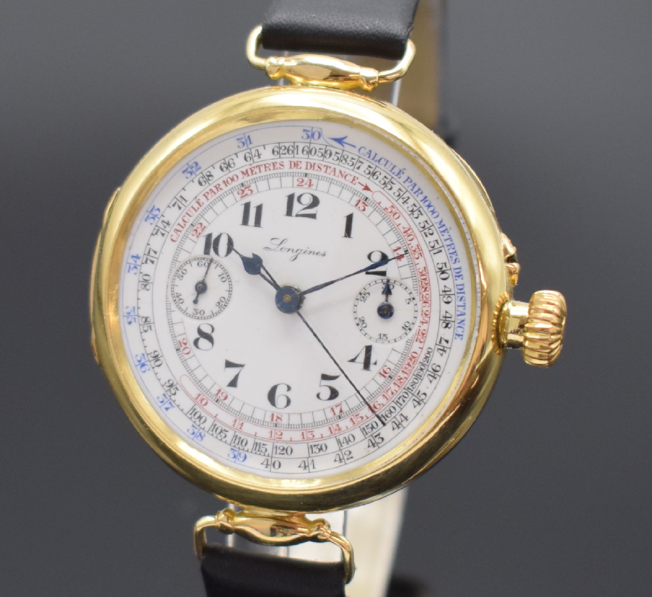 Detail h: LONGINES seltener früher Armbandchronograph Kaliber 13.33 in GG 750/000, Schweiz lt. Stammbuchauszug verk. Jan. 1918, Handaufzug, glattes ...