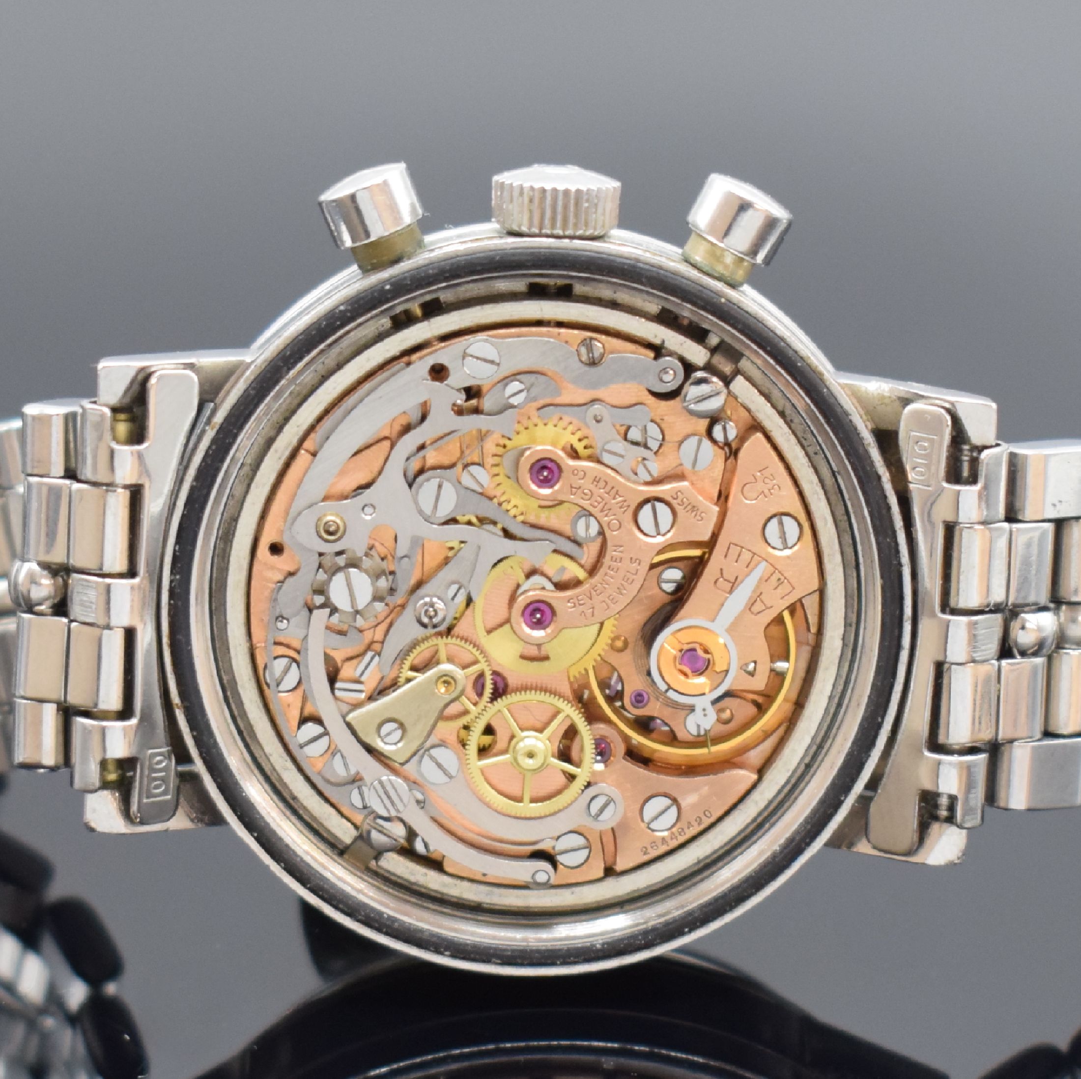 Detail e: OMEGA Seamaster De Ville Kaliber 321 Armbandchronograph in Stahl/Stahlband Referenz 145.005-67, Schweiz um 1967, Handaufzug, verschr. Geh. Stahlband ...