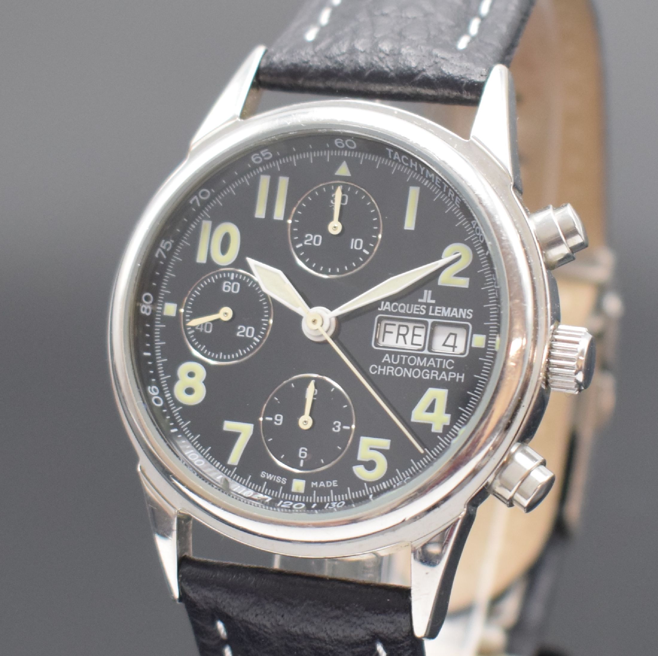Detail a: JAQUES LEMANS Armbandchronograph in Stahl Referenz 1-789, Schweiz um 2010, Automatik, verschr. Geh., schwarzes Glanz-Zifferbl. m. arab. Leuchtzahlen, ...