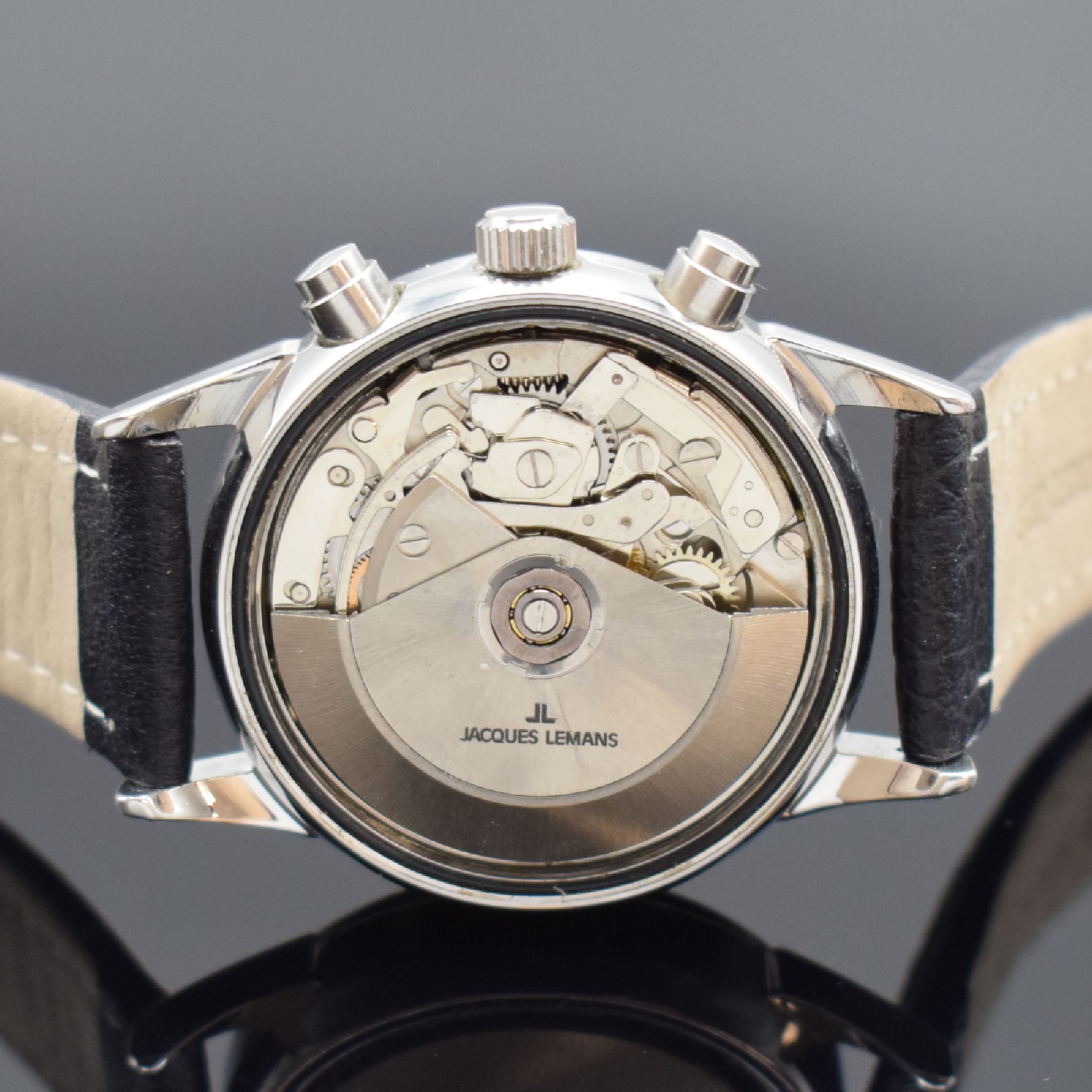Detail d: JAQUES LEMANS Armbandchronograph in Stahl Referenz 1-789, Schweiz um 2010, Automatik, verschr. Geh., schwarzes Glanz-Zifferbl. m. arab. Leuchtzahlen, ...