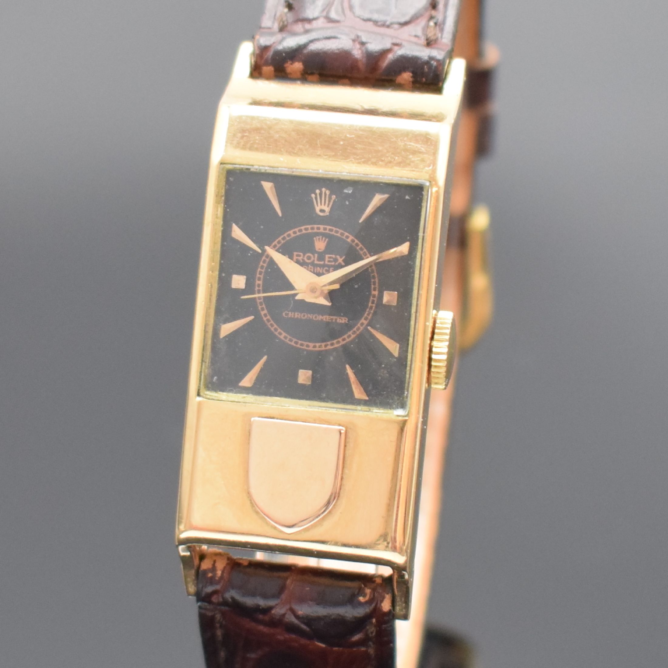 Detail a: ROLEX Prince Referenz 3361 sehr seltene pult- förmige Armbanduhr in RG 750/000, Schweiz um1950, Handaufzug, gedr. rechteck. Geh. dell., rücks. ...