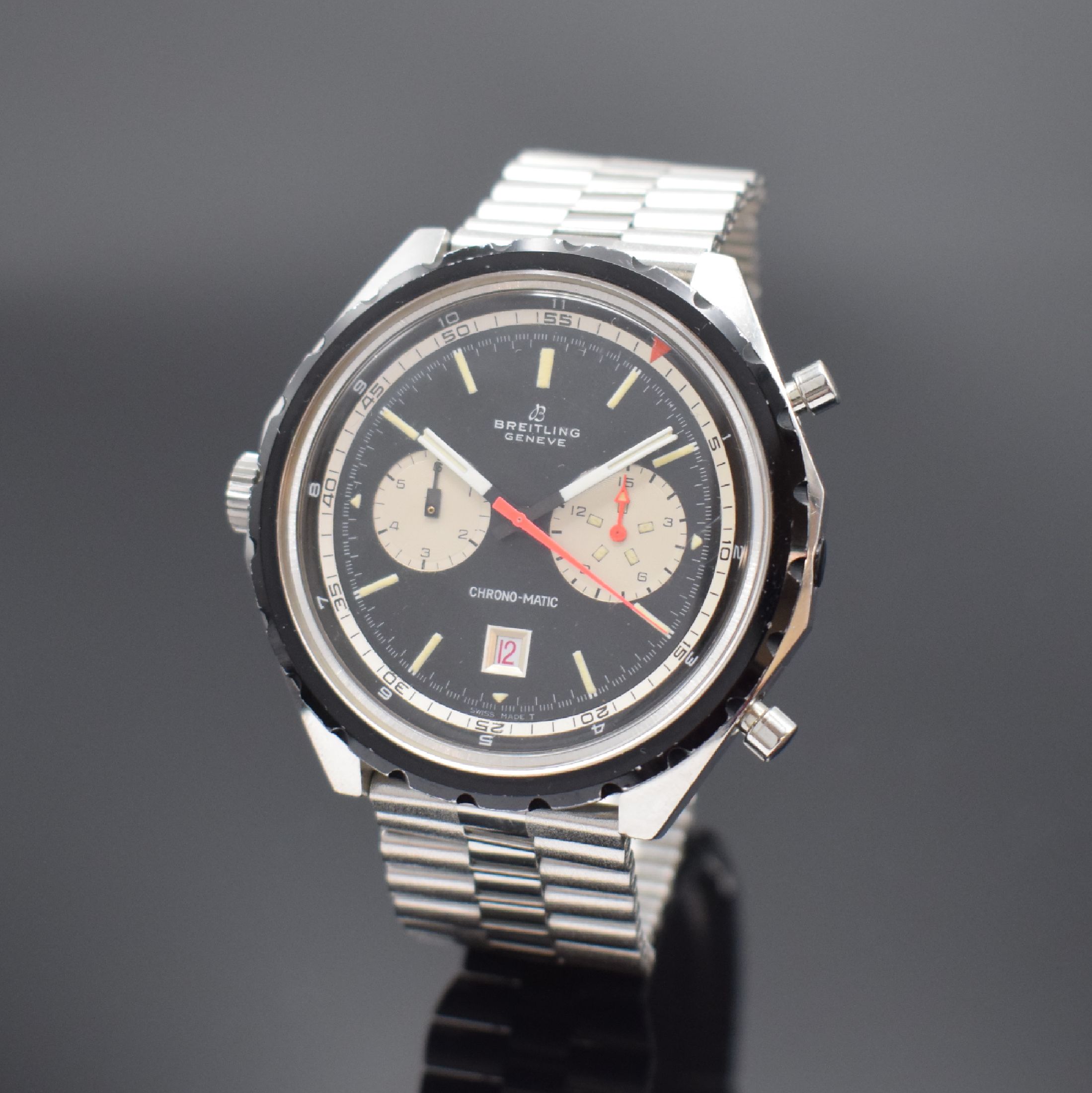 BREITLING Chrono-Matic Referenz 7651 seltener Sport-Chronograph in Stahl, Schweiz um 1969, Automatik, verschr. Geh., innen-liegende Drehlünette m. ...