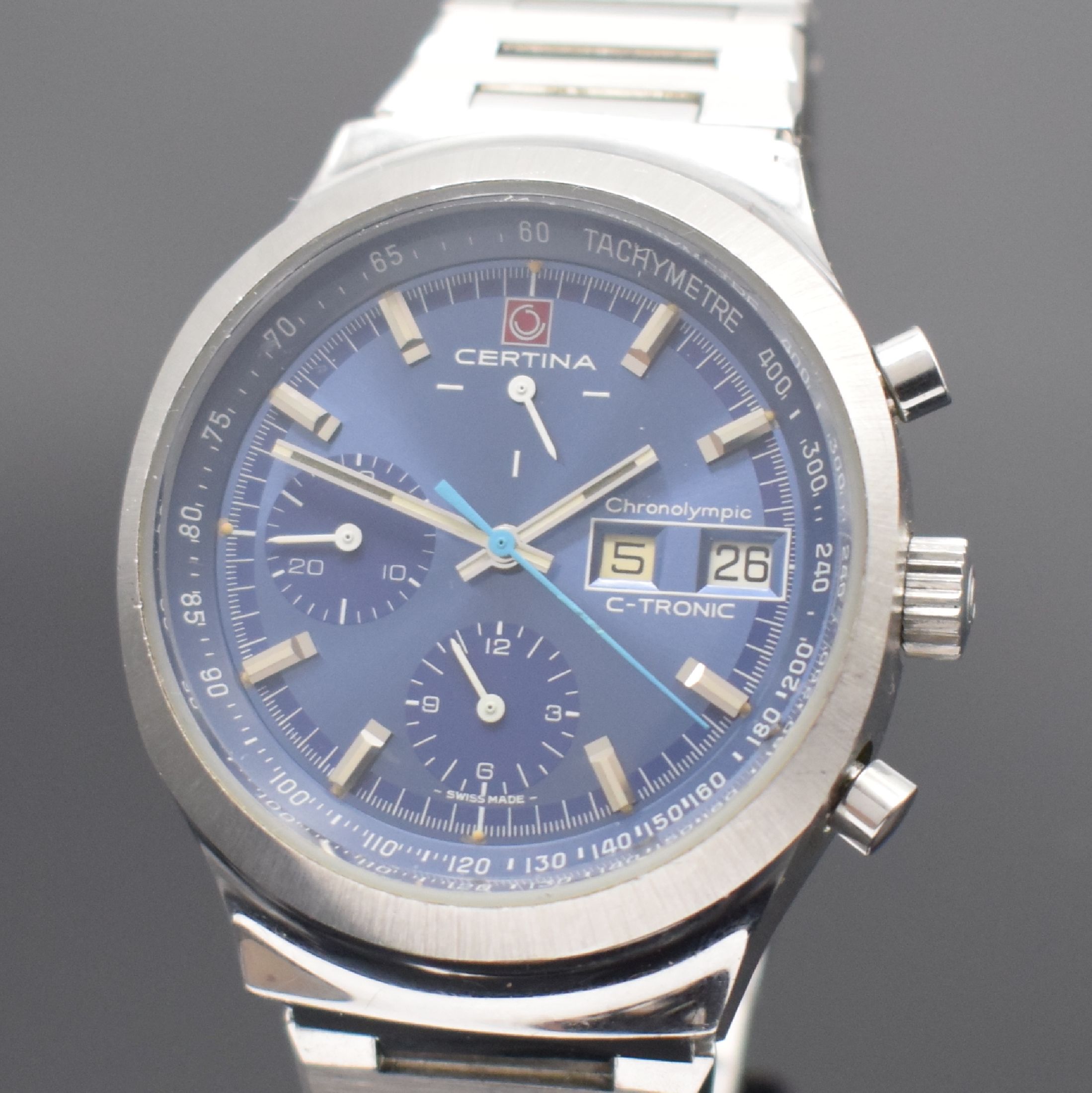 Detail a: CERTINA Chronolympic C-Tronic seltener Stimmgabel-Chronograph in Stahl/Stahlband, Schweiz um 1970, verschr. Geh., orig. Stahlband, blaues Zifferbl. ...