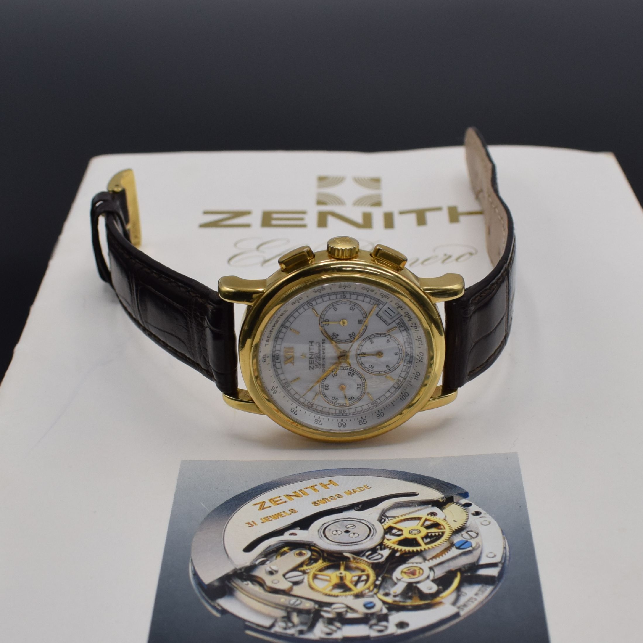 Detail g: ZENITH El Primero Chronometre Herrenarmbanduhr mit Chronograph in GG 750/000 Referenz 30-0380.400, Schweiz um 1993, Automatik, massives 2-teil. ...