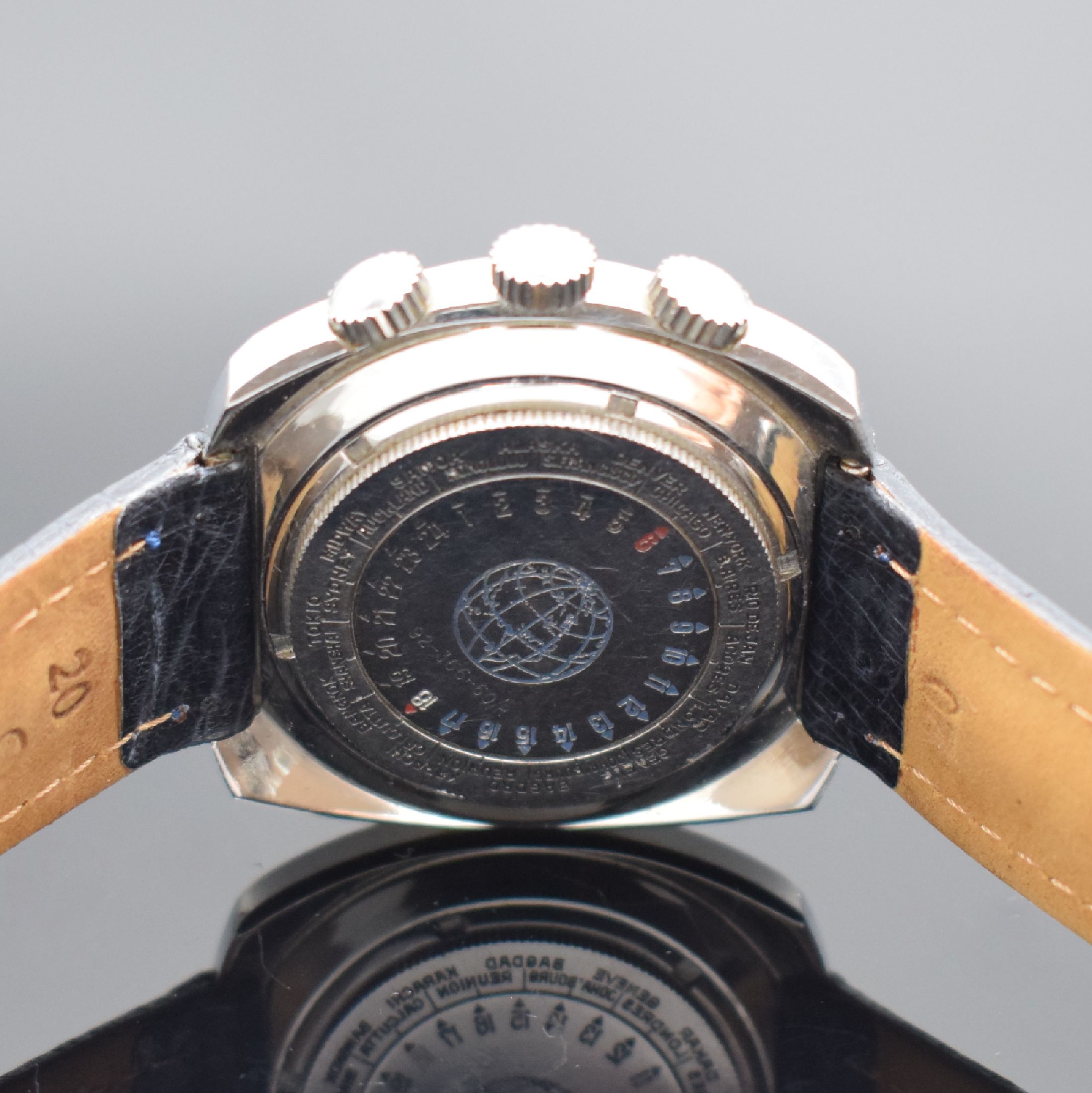 Detail c: MONDIA Memory sehr seltene Armbanduhr mit Rechenschieber & rückseitiger Weltzeit, Schweiz um 1970, Automatik, verschr. Stahlgeh., Kronen f. ...