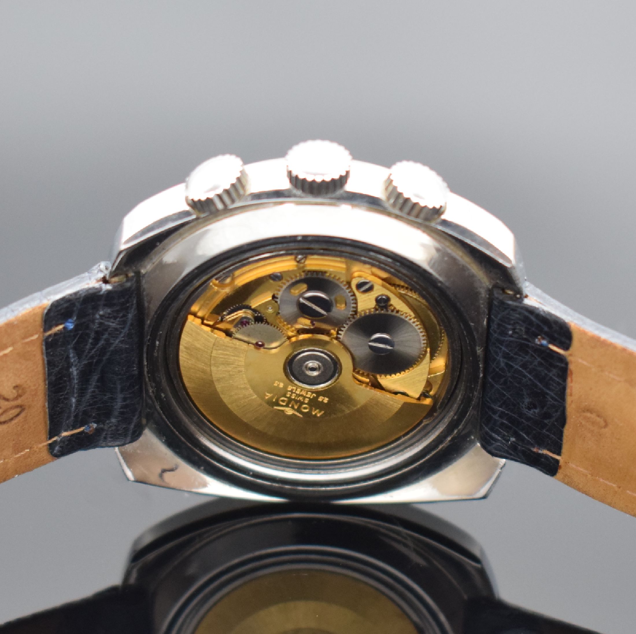 Detail d: MONDIA Memory sehr seltene Armbanduhr mit Rechenschieber & rückseitiger Weltzeit, Schweiz um 1970, Automatik, verschr. Stahlgeh., Kronen f. ...