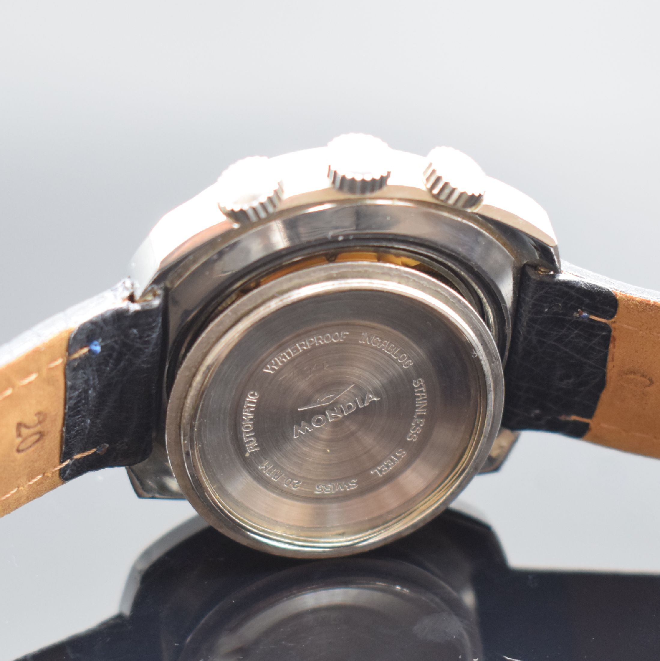 Detail f: MONDIA Memory sehr seltene Armbanduhr mit Rechenschieber & rückseitiger Weltzeit, Schweiz um 1970, Automatik, verschr. Stahlgeh., Kronen f. ...