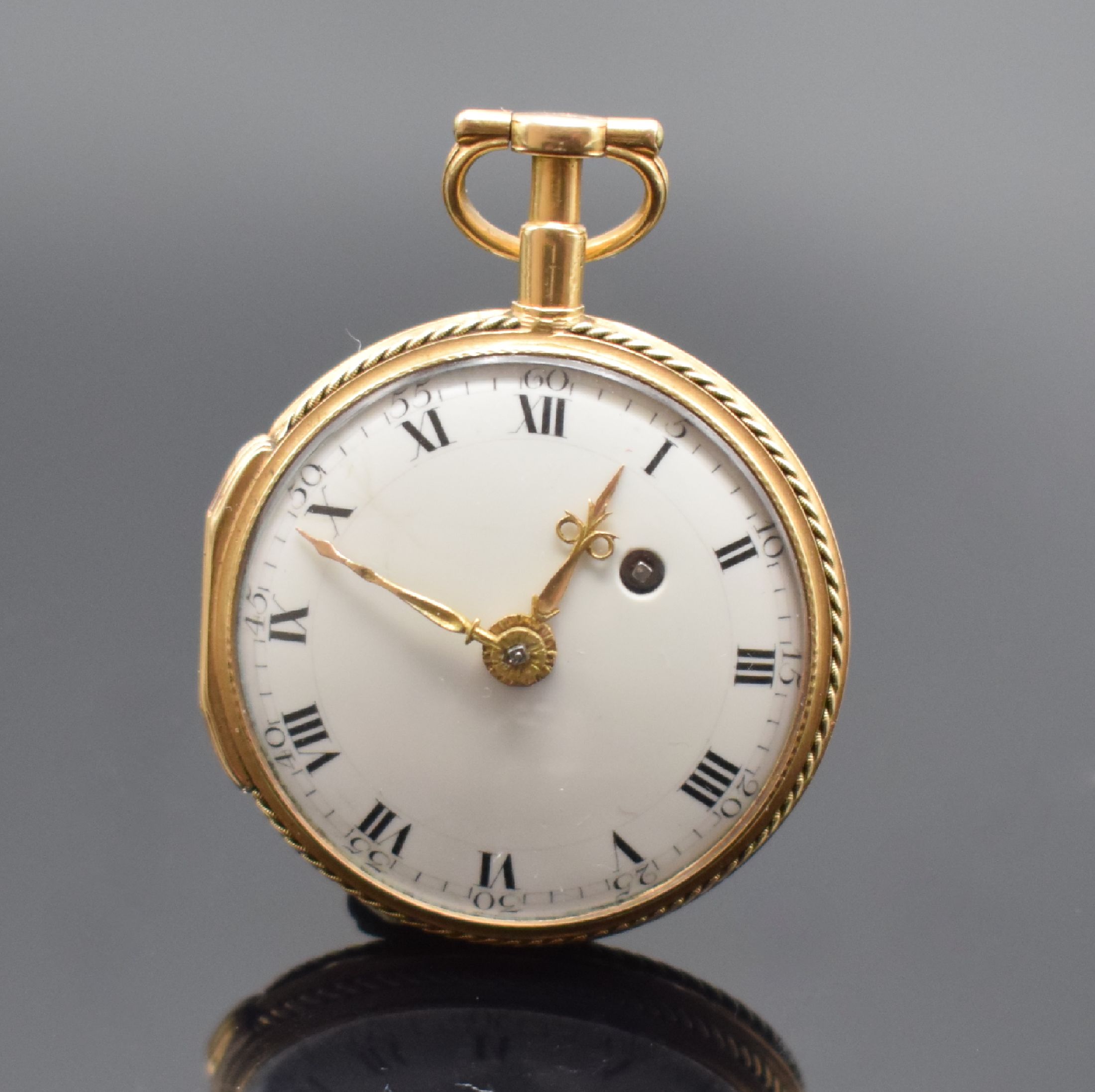 KOMMA-HEMMUNG seltene frühe Goldtaschenuhr in GG 750/000, Schweiz um 1790, Schlüsselaufzug, Gehäuse m. großem Aussenscharnier, rücks. zentral in ...