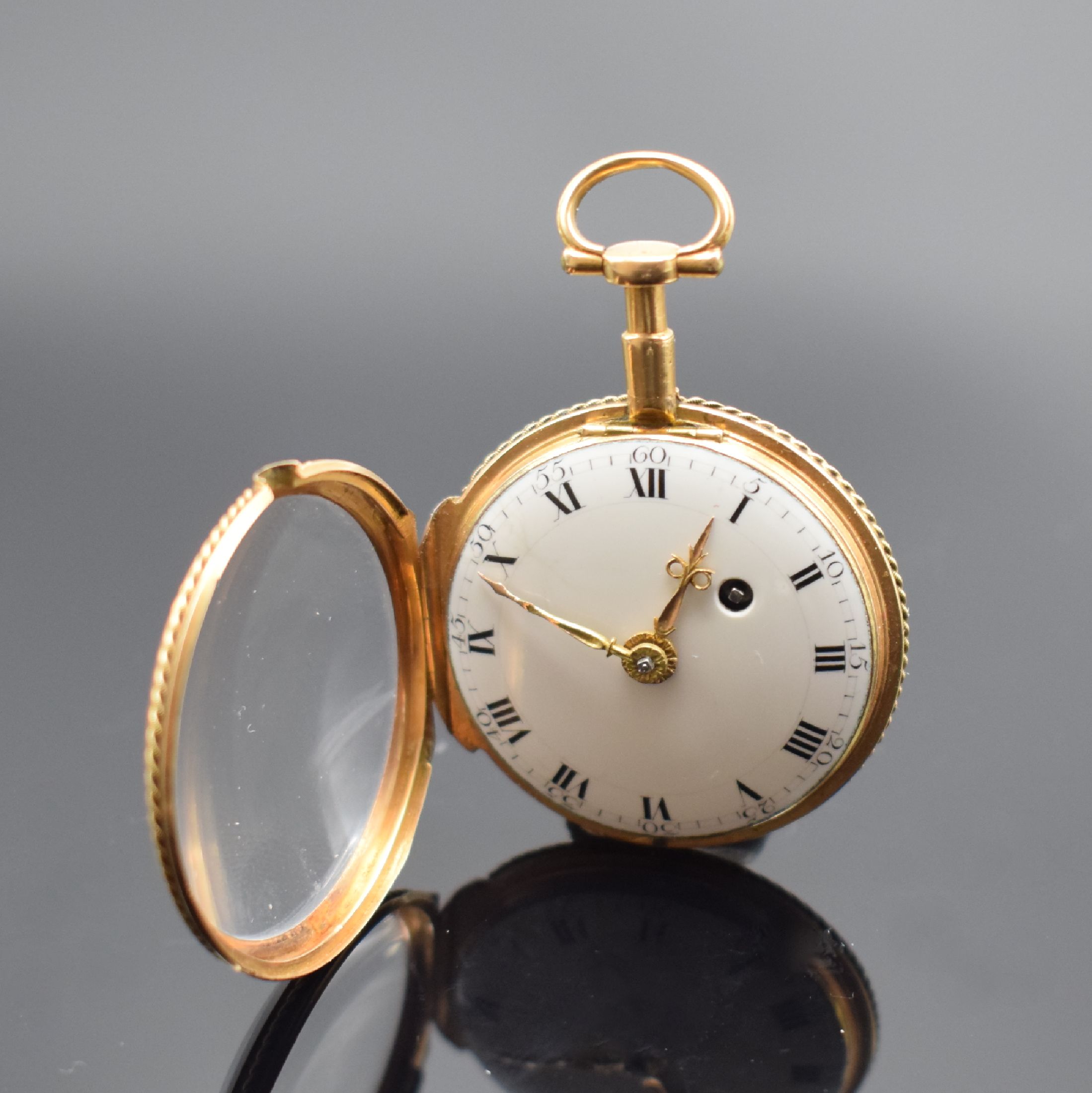 Detail b: KOMMA-HEMMUNG seltene frühe Goldtaschenuhr in GG 750/000, Schweiz um 1790, Schlüsselaufzug, Gehäuse m. großem Aussenscharnier, rücks. zentral in ...