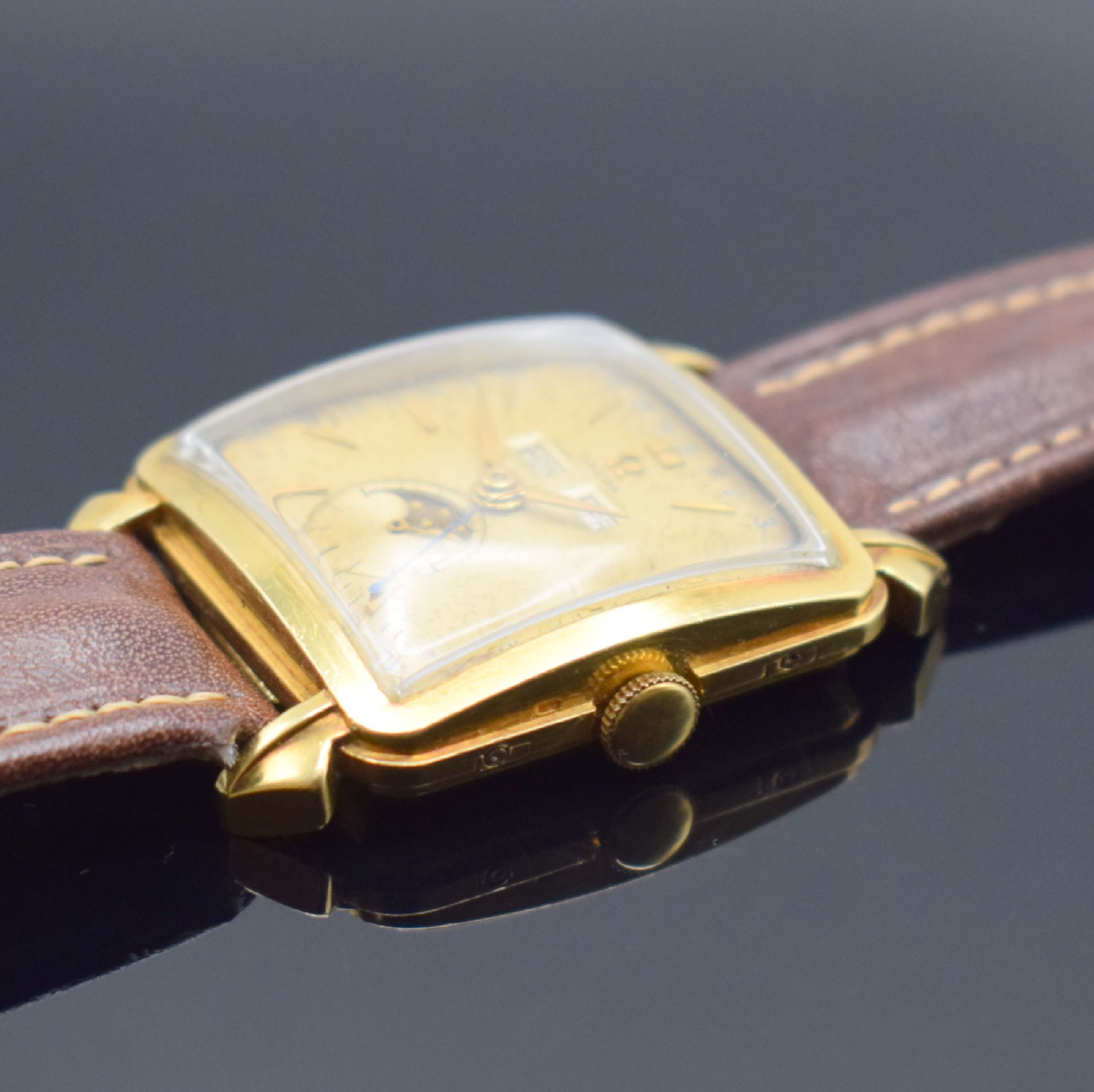Detail b: OMEGA Cosmic Referenz 3944 seltene quadratische Kalenderuhr in GG 750/000, Schweiz lt. Archivauszug verk. Dez. 1951, Handaufzug, unpoliertes gedr. ...