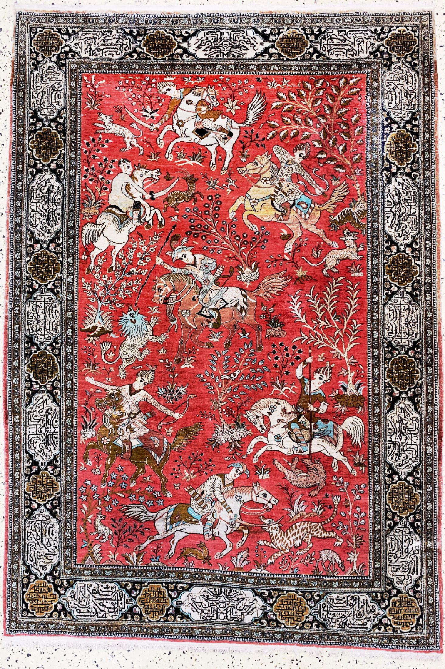 Ghom Seide "Jagdmotive", Persien, um 1960, reine Naturseide, ca. 212 x 145 cm, EHZ: 2
