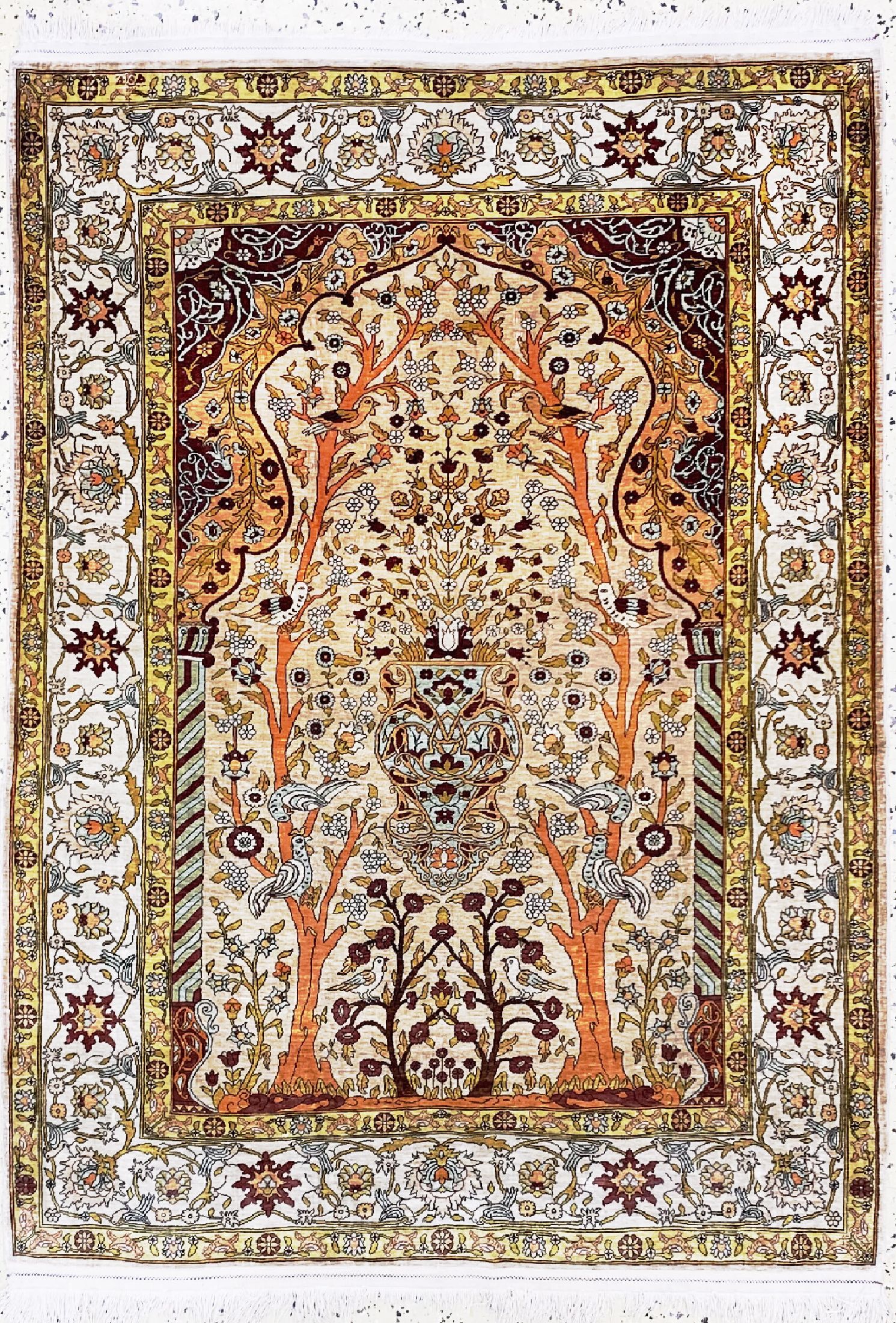 Hereke Seide, signiert, Türkei, um 1950, reine Naturseide, ca. 140 x 102 cm, ca. 1,0 Mio. Kn/qm, EHZ: 2
