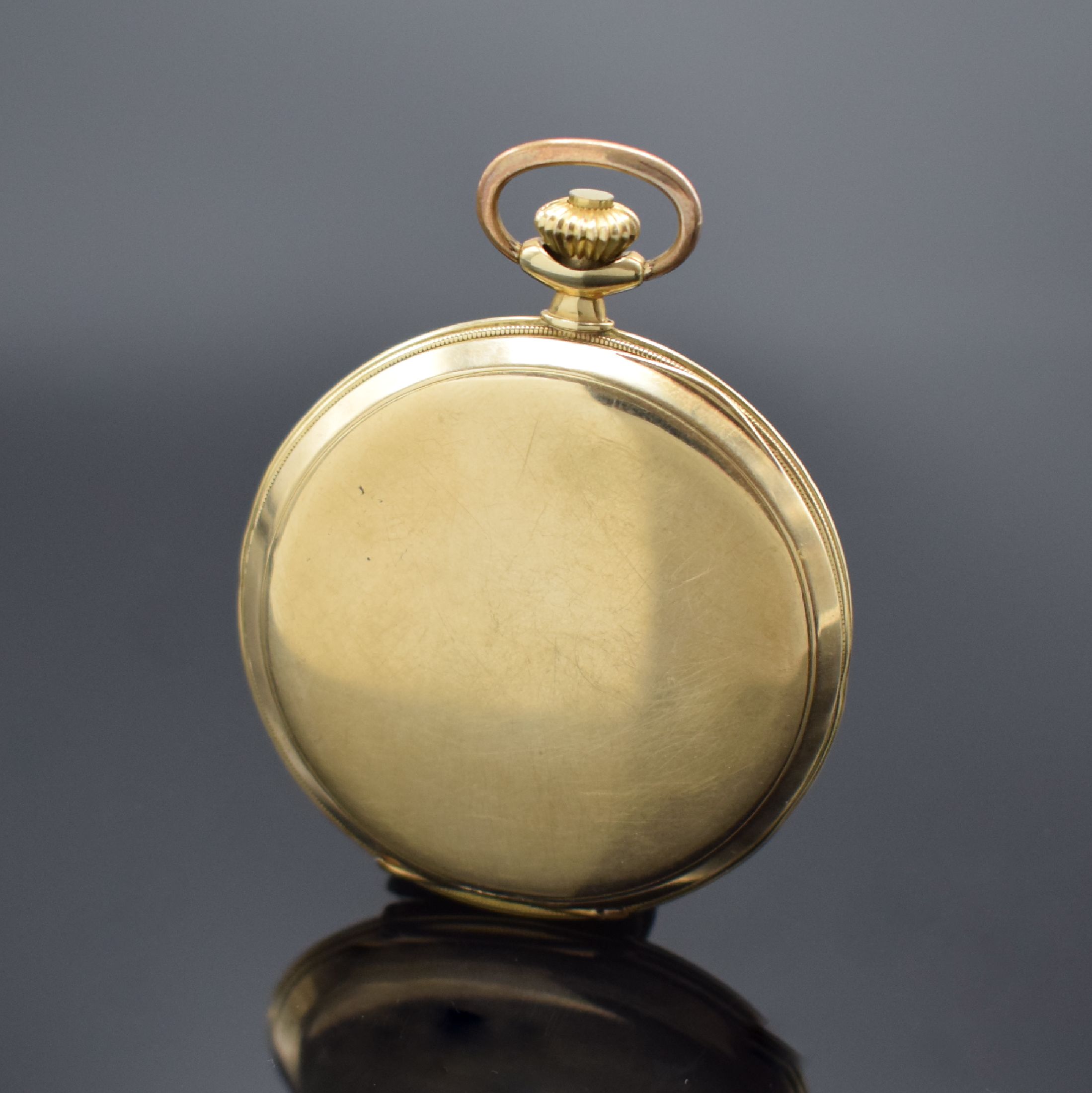 Detail c: ALPINA Savonette Frackuhr in GG 585/000, Schweiz 1930er Jahre, 2-Deckel Goldgeh. altersbed. dell., Münzrand, verg. Cuvette mit Widmungsgravur, gold. ...