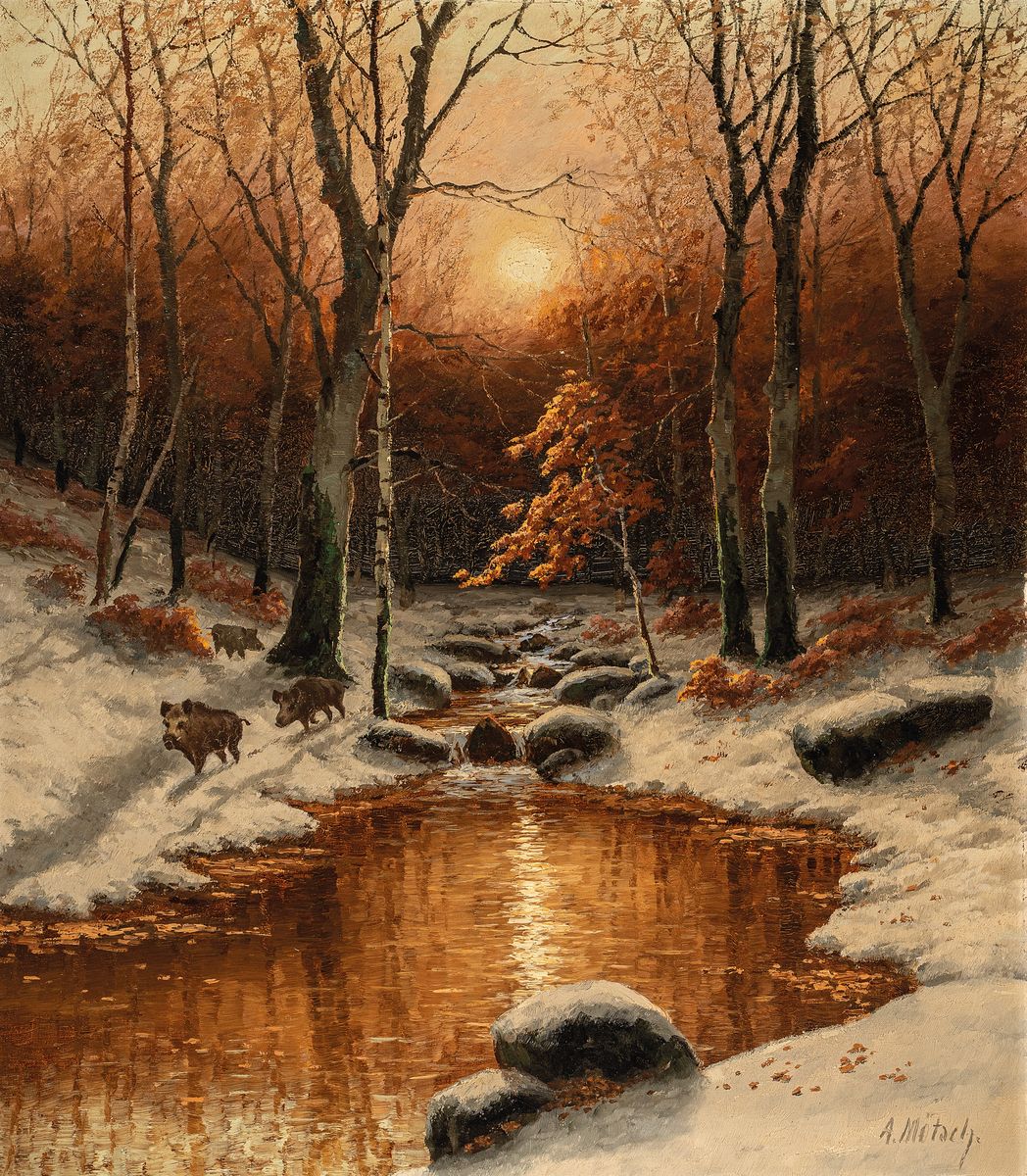 August Mötsch, 1869-1952 Düsseldorf, Maler der Düsseldorfer Schule, spätherbstliches Waldinterieur bei Mondschein, Rotte Wildschweine entlang ...