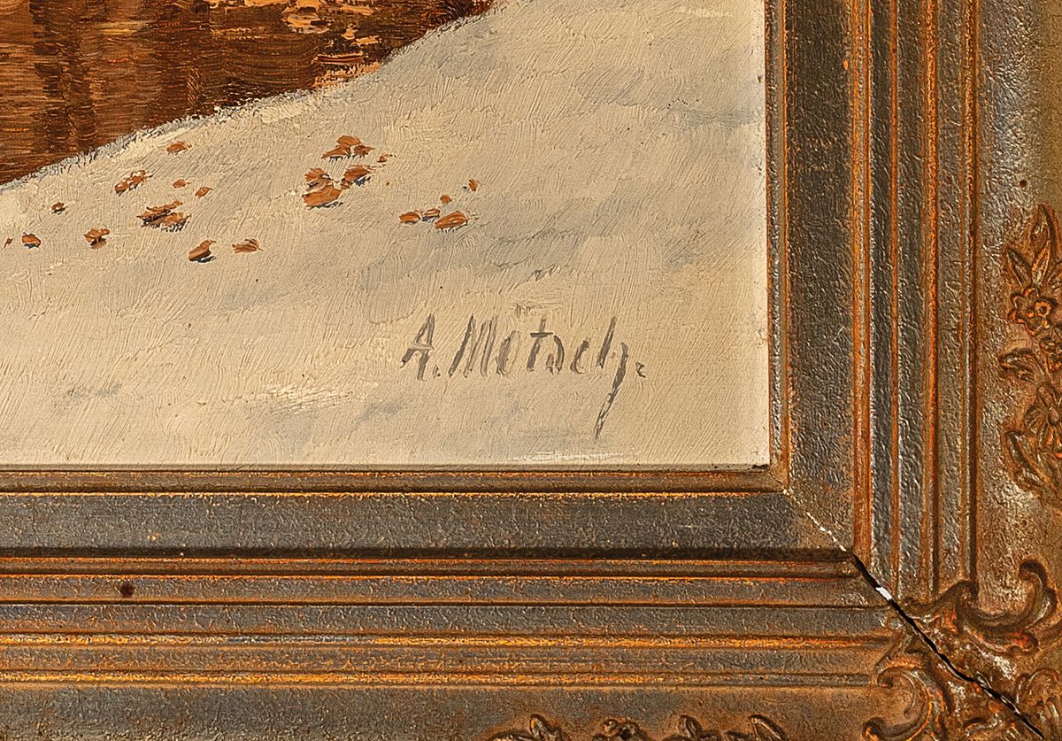 Detail a: August Mötsch, 1869-1952 Düsseldorf, Maler der Düsseldorfer Schule, spätherbstliches Waldinterieur bei Mondschein, Rotte Wildschweine entlang ...