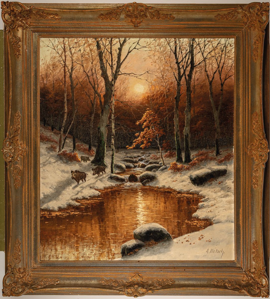 Detail k: August Mötsch, 1869-1952 Düsseldorf, Maler der Düsseldorfer Schule, spätherbstliches Waldinterieur bei Mondschein, Rotte Wildschweine entlang ...