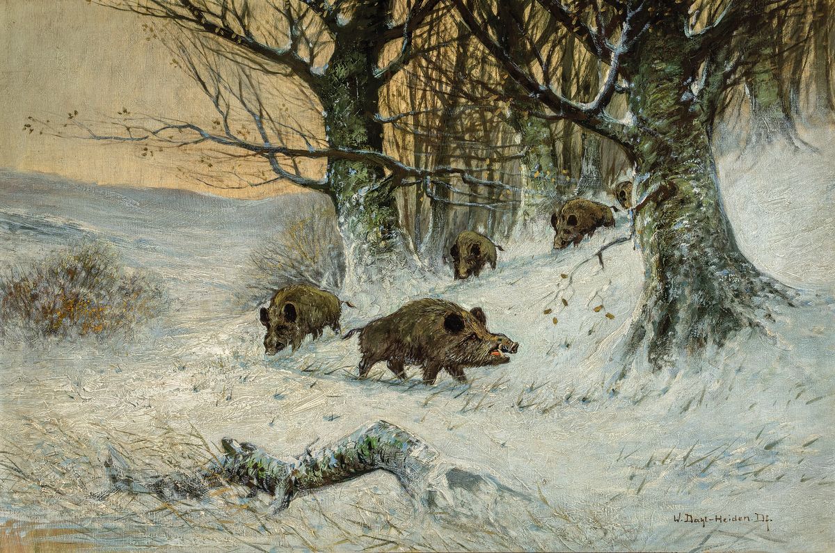 Joseph Heydendahl, 1844 Düsseldorf - 1906, Wildschweine im Winterwald, signiert, Öl/Lwd, 120 x 80 cm, Prunkrahmen ca. 108 x 146 cm