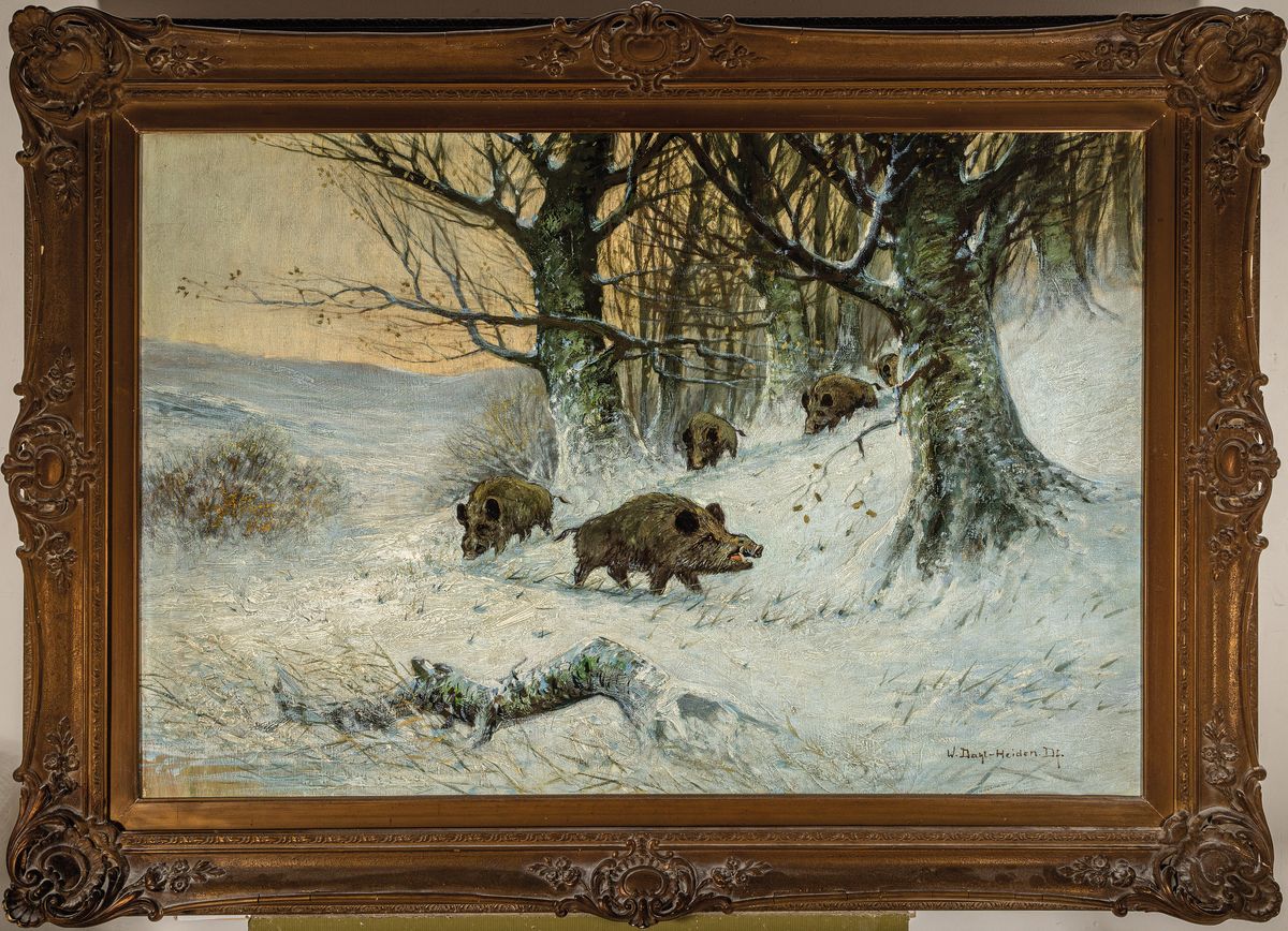 Detail k: Joseph Heydendahl, 1844 Düsseldorf - 1906, Wildschweine im Winterwald, signiert, Öl/Lwd, 120 x 80 cm, Prunkrahmen ca. 108 x 146 cm