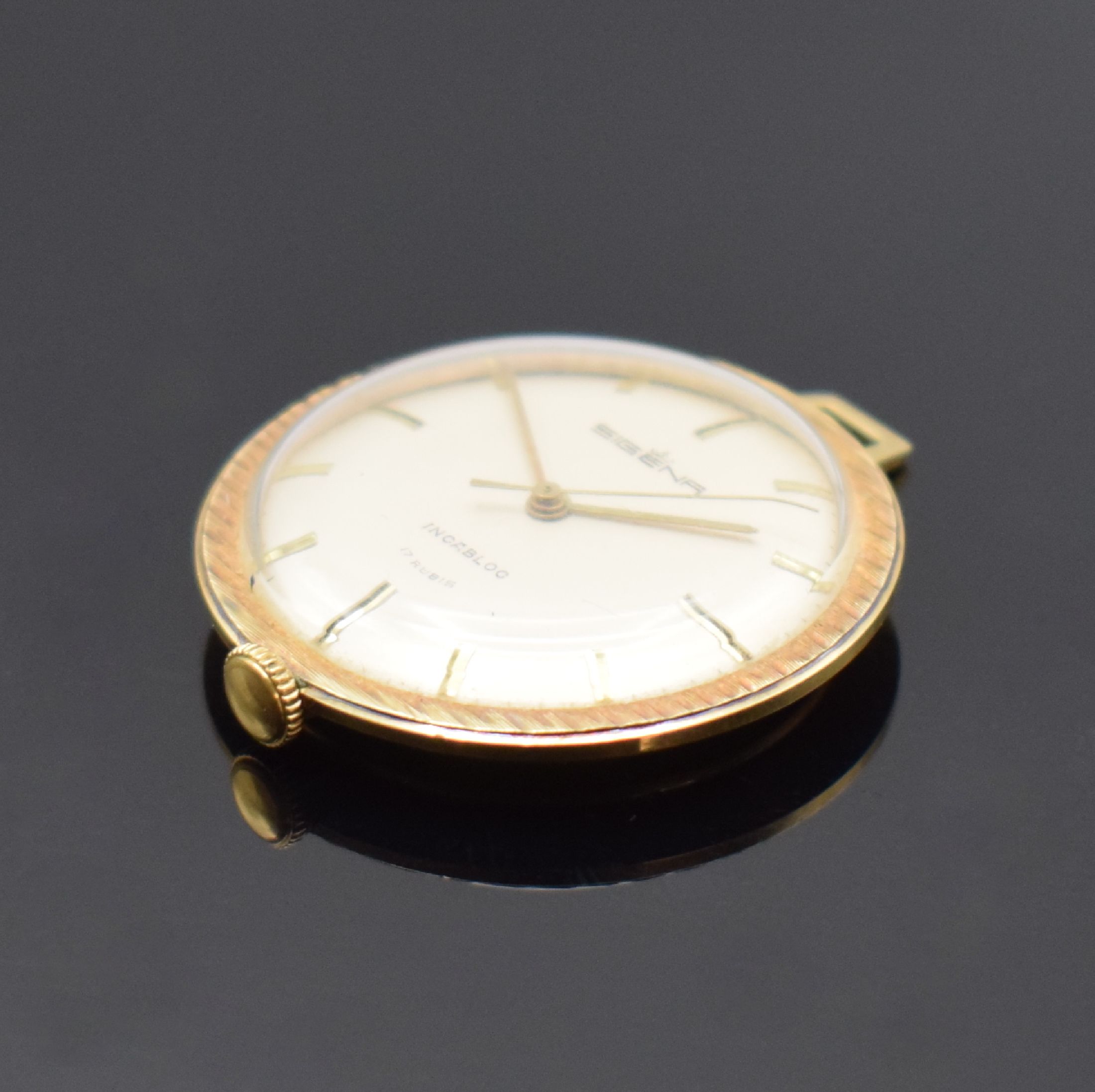 Detail b: SIGENA Anhängeuhr in GG 585/000, Deutschland um 1965, Handaufzug, 2-teil. Geh., Boden aufgedr., silb. Zifferbl. m. aufges. Std.- Ind., gold. Zeiger, ...