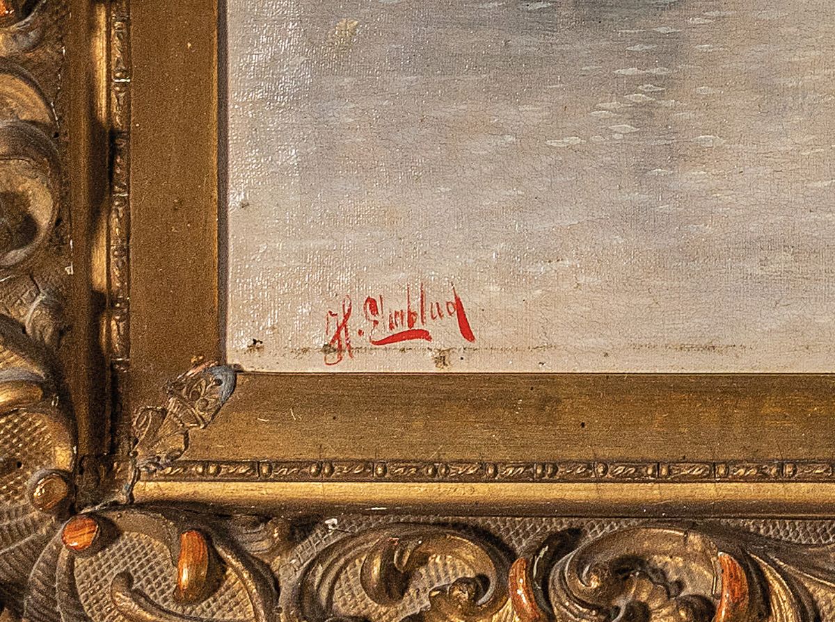 Detail a: H.Elmblad, um 1900, norwegische Fjordlandschaft mit Booten, Öl/Lwd, li.u. rot signiert, ca. 73 x 100 cm, Prunkrahmen ca.108 x 132 cm, Altersspuren