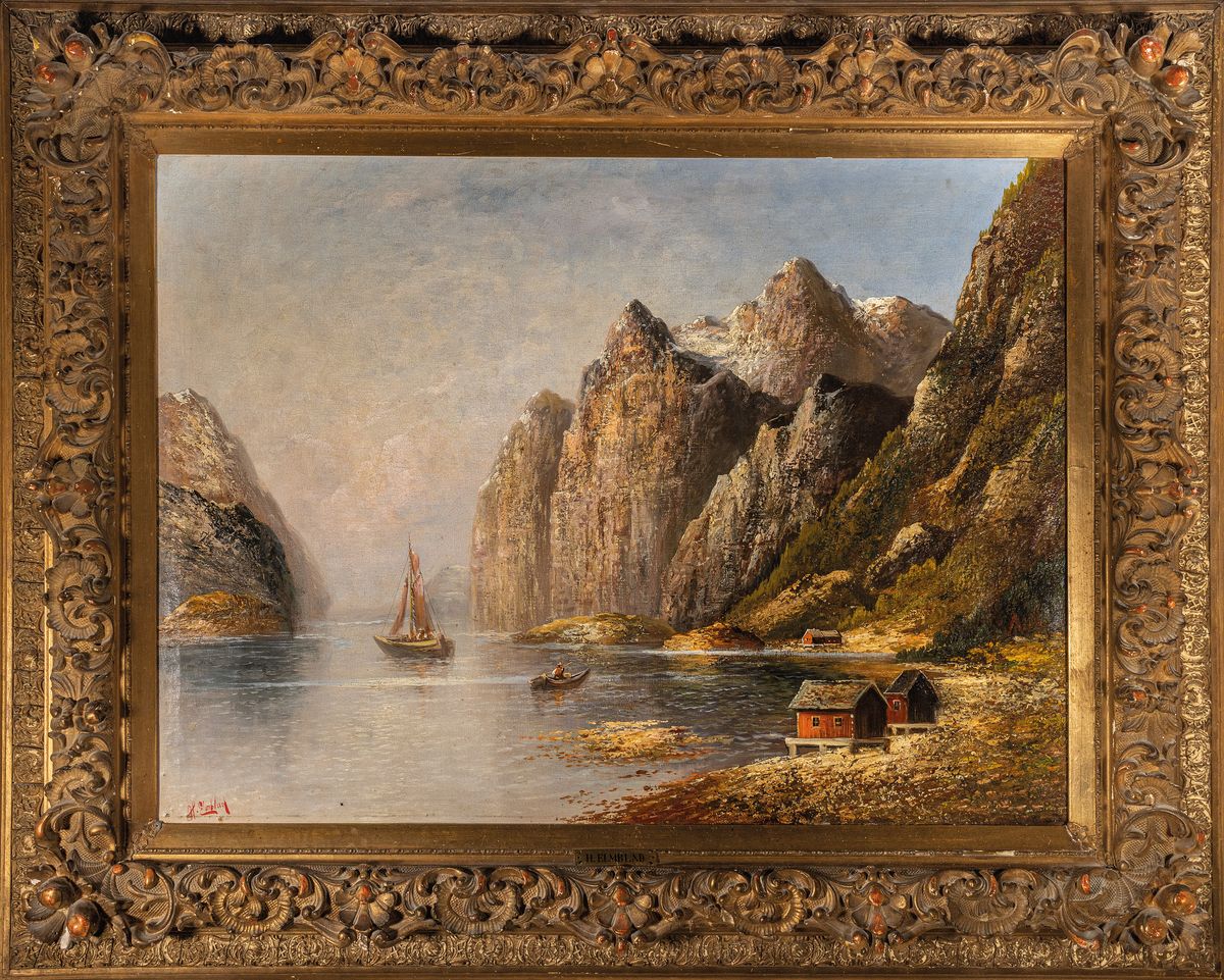 Detail k: H.Elmblad, um 1900, norwegische Fjordlandschaft mit Booten, Öl/Lwd, li.u. rot signiert, ca. 73 x 100 cm, Prunkrahmen ca.108 x 132 cm, Altersspuren