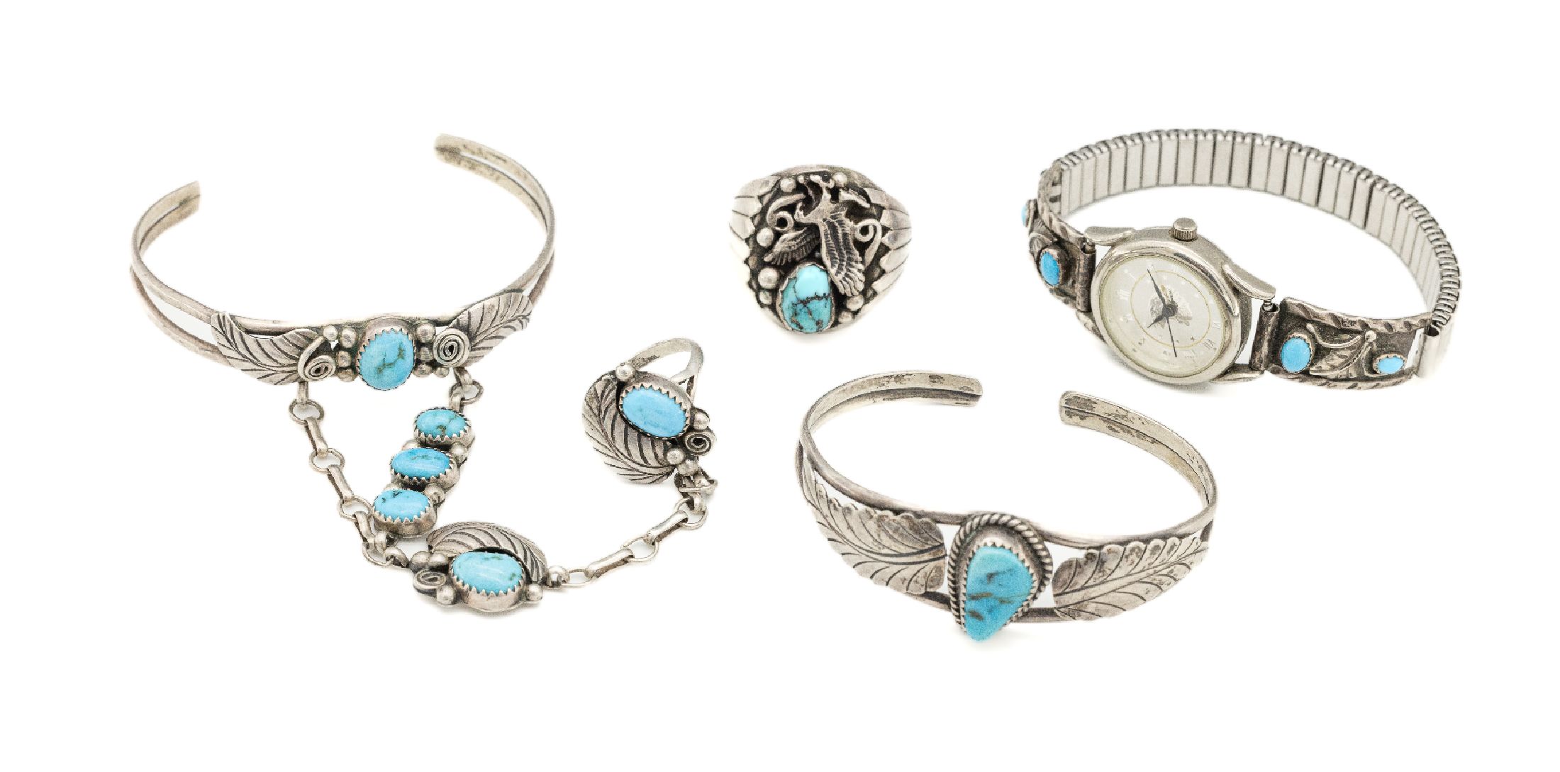 Navajo-Schmuckset, Sterling Silber, best. aus: 1 Ring, RW 67, 1 Armreif, D. ca. 5.4 cm, 1 Ringarmreif, RW 55 Armreif-D. ca. 6 cm, und 1 Schmuckuhr, ...