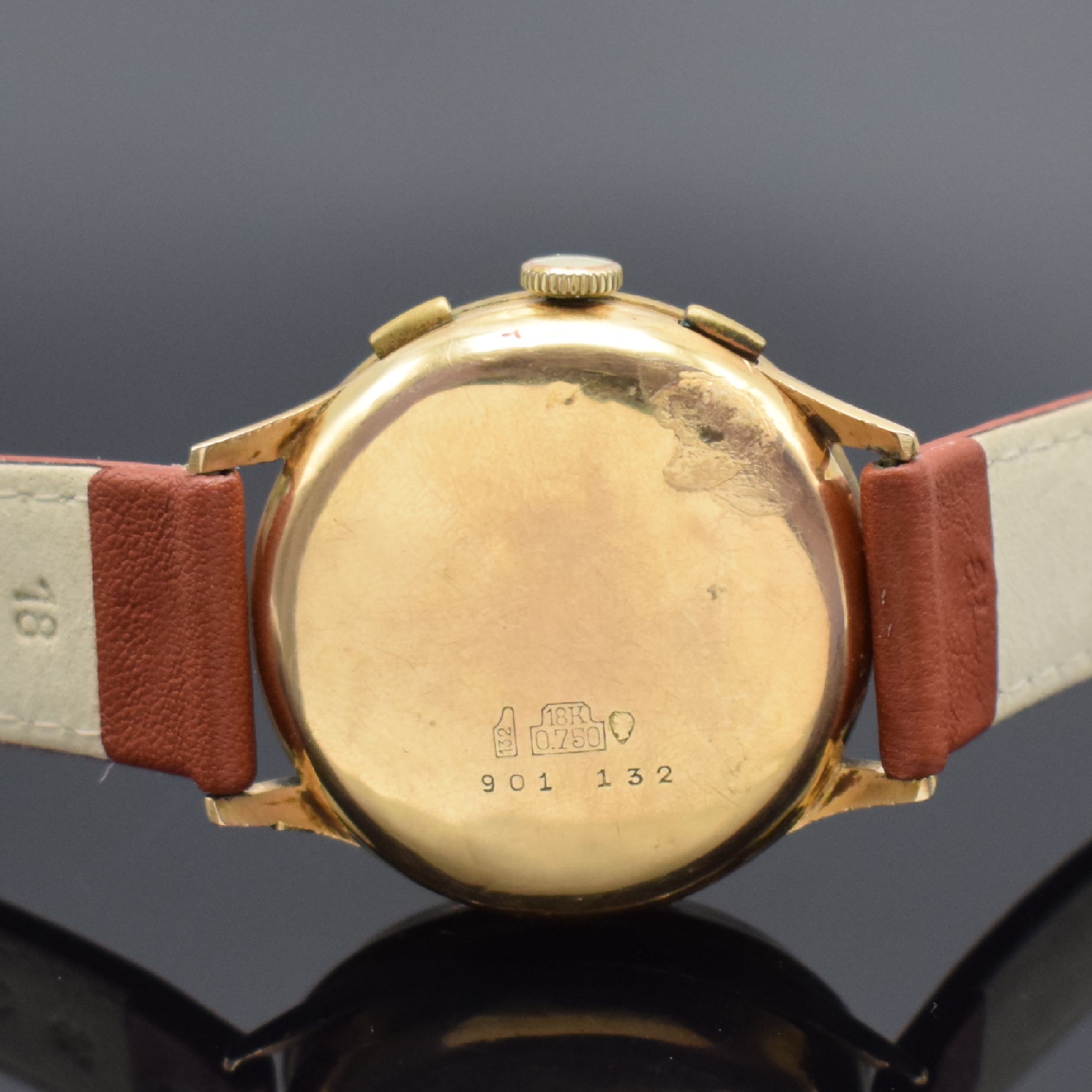Detail c: OLYMPIC Armbandchronograph in RoseG 750/000, Handaufzug, Schweiz um 1950, Boden & verg. Glasrand aufgedr./dell., Metallcuv. zur Armierung, silb. ...
