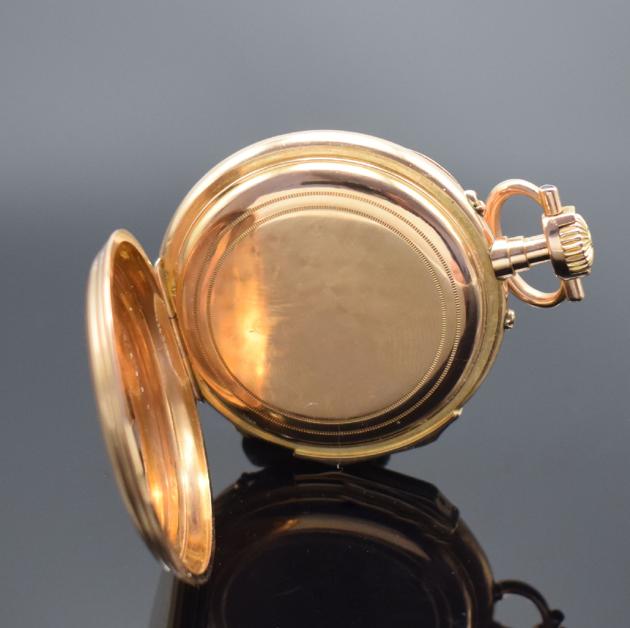 Detail c: Seltene Kalender-Taschenuhr in RG 750/000, Schweiz / Frankreich um 1890, gestuftes offenes Geh. m. großem Aussenscharnier dell., seitl. ...
