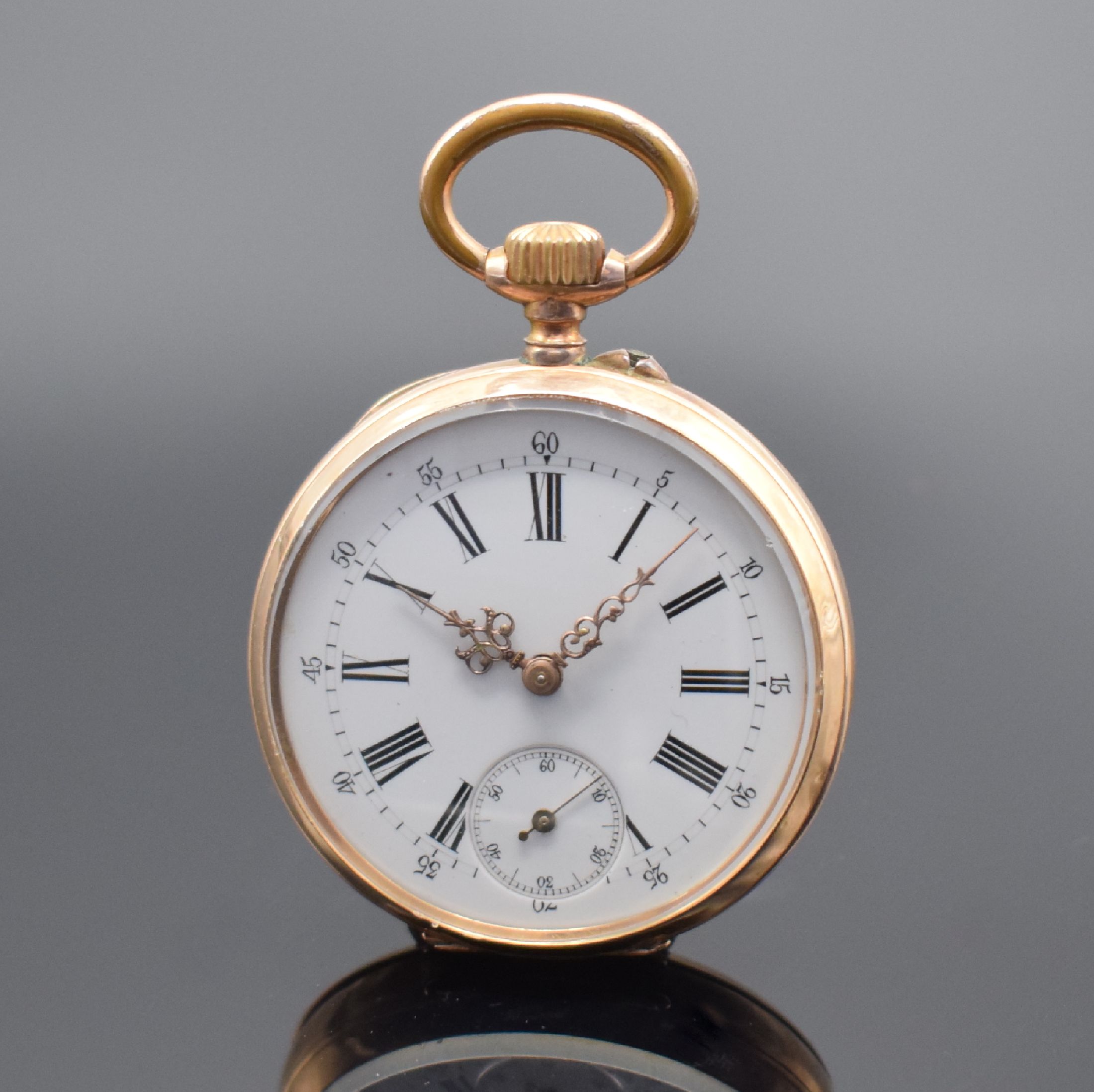 Detail a: 3 offene Zylindertaschenuhren in RG 585/000, Schweiz um 1900, alle mit verg. Cuv., Emailzifferbl. m. röm. Std., 2 x D. ca. 32 mm, 1 x D. ca. 44 mm, ...